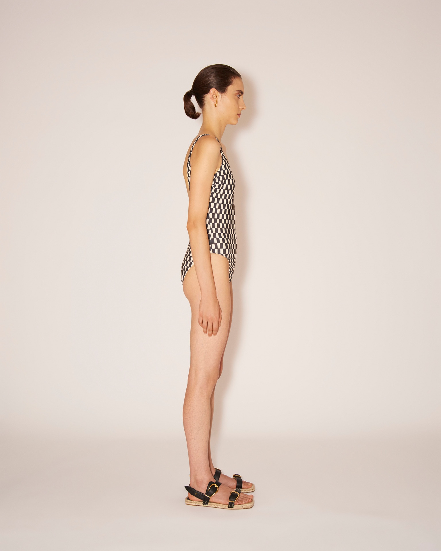 JANICE - Matte-stretch checkered onepiece - Creme&Black - 3