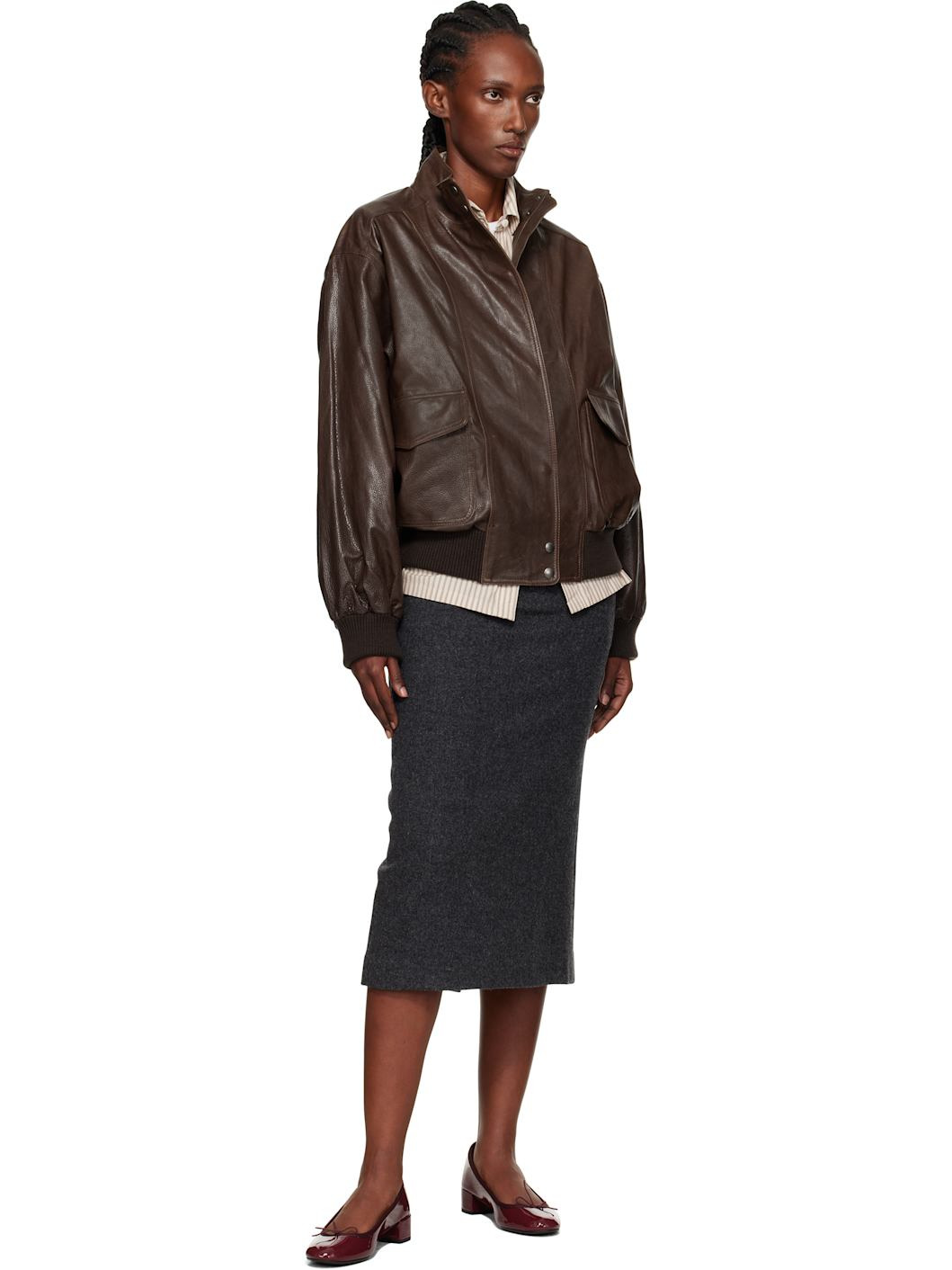 Brown Stand Collar Leather Blouson Jacket - 4