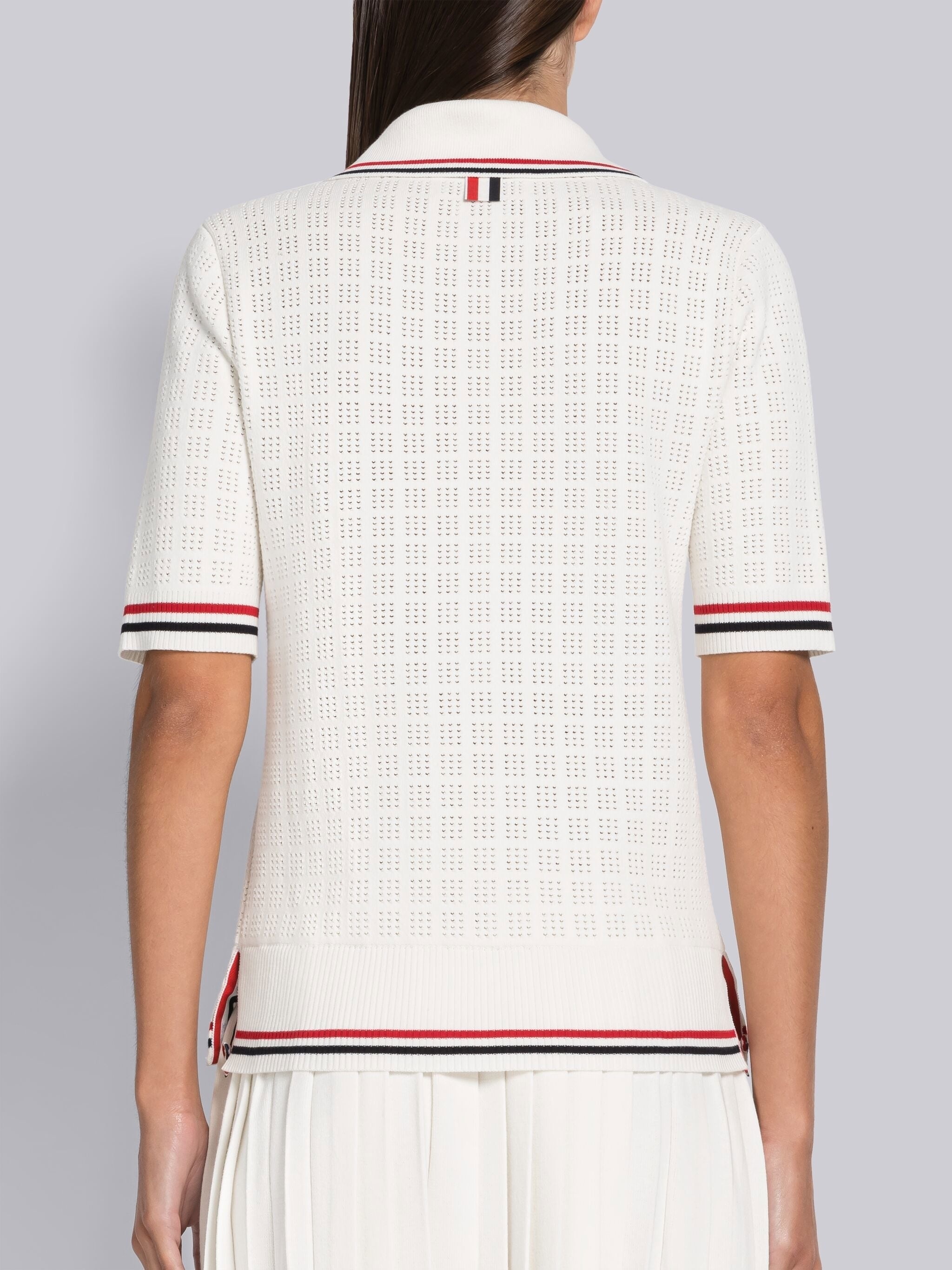 Grid Stitch Pointelle Stripe Keyhole Polo - 3
