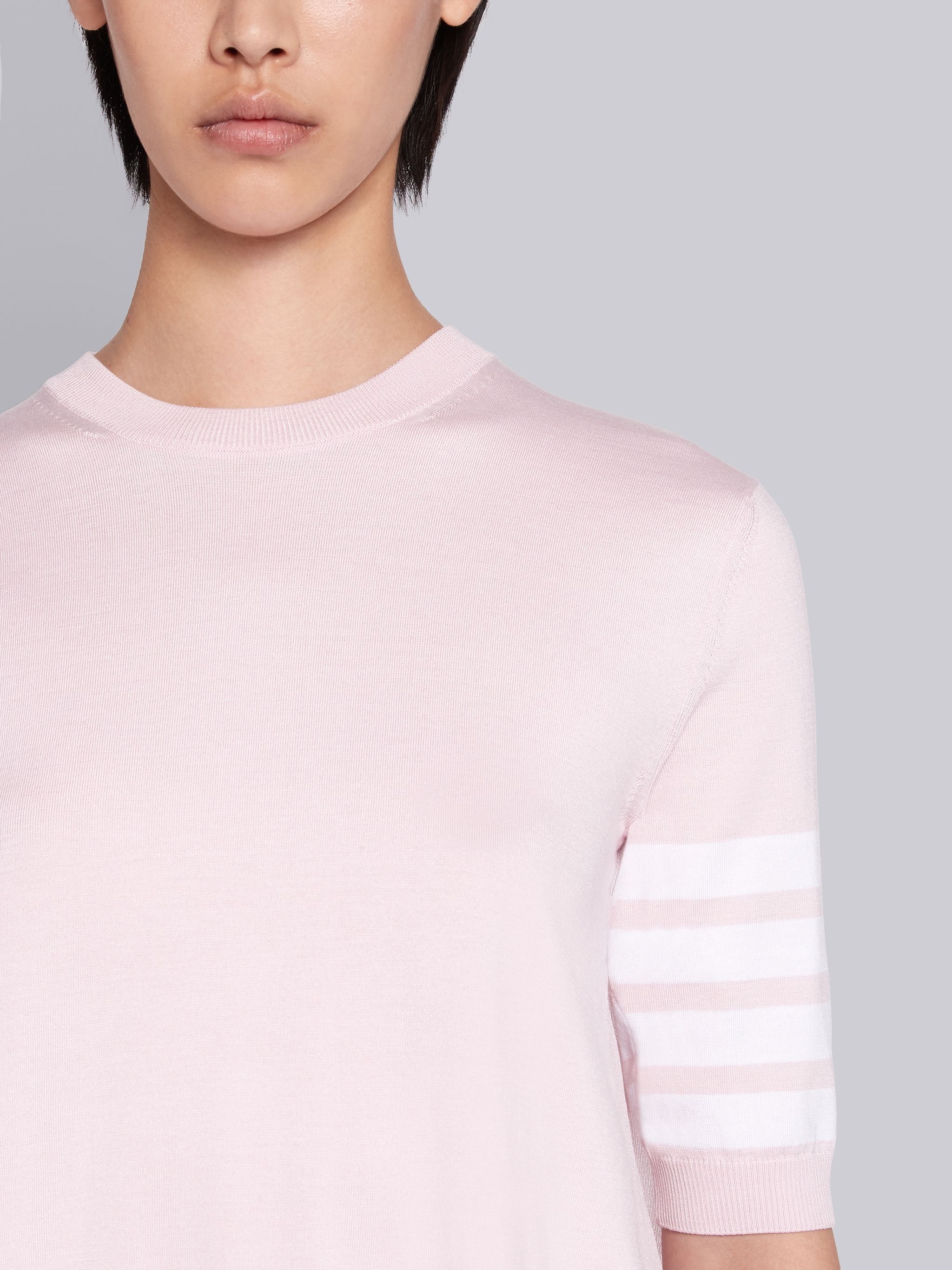 Pink Silk Cotton Blend Sheer Pleated Back 4-Bar Stripe Tee - 5