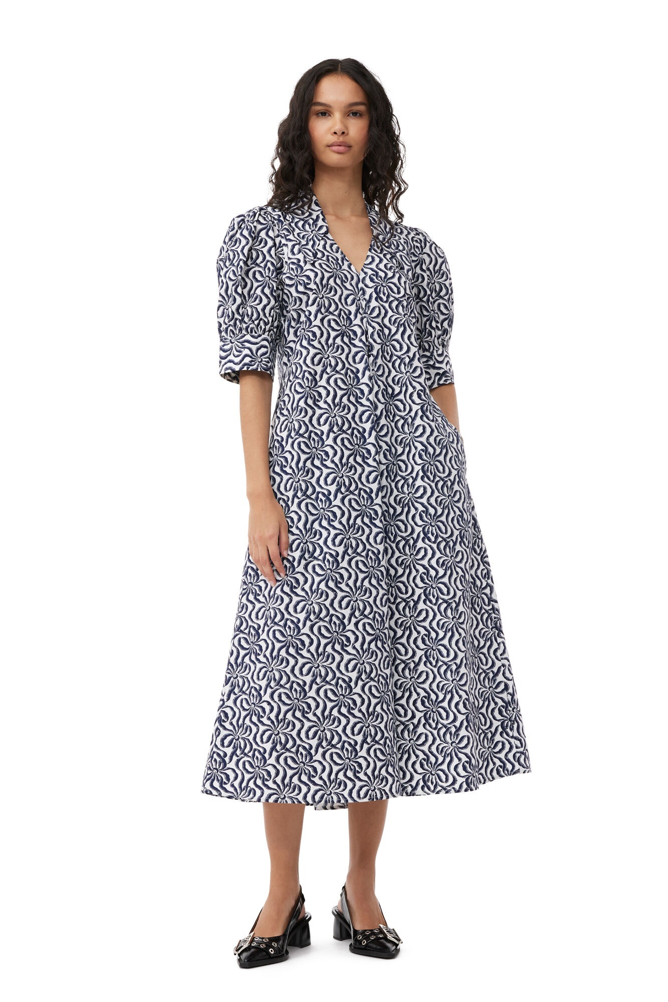 PRINTED COTTON POPLIN V-NECK LONG DRESS - 3