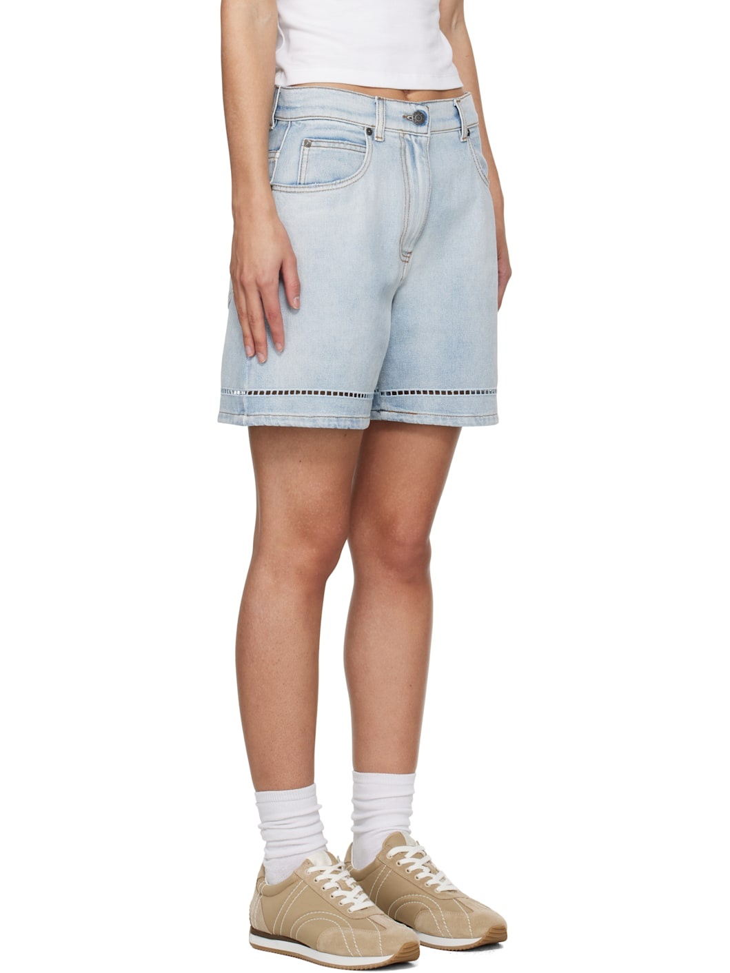 Blue Perforated Light Washed Denim Shorts - 2