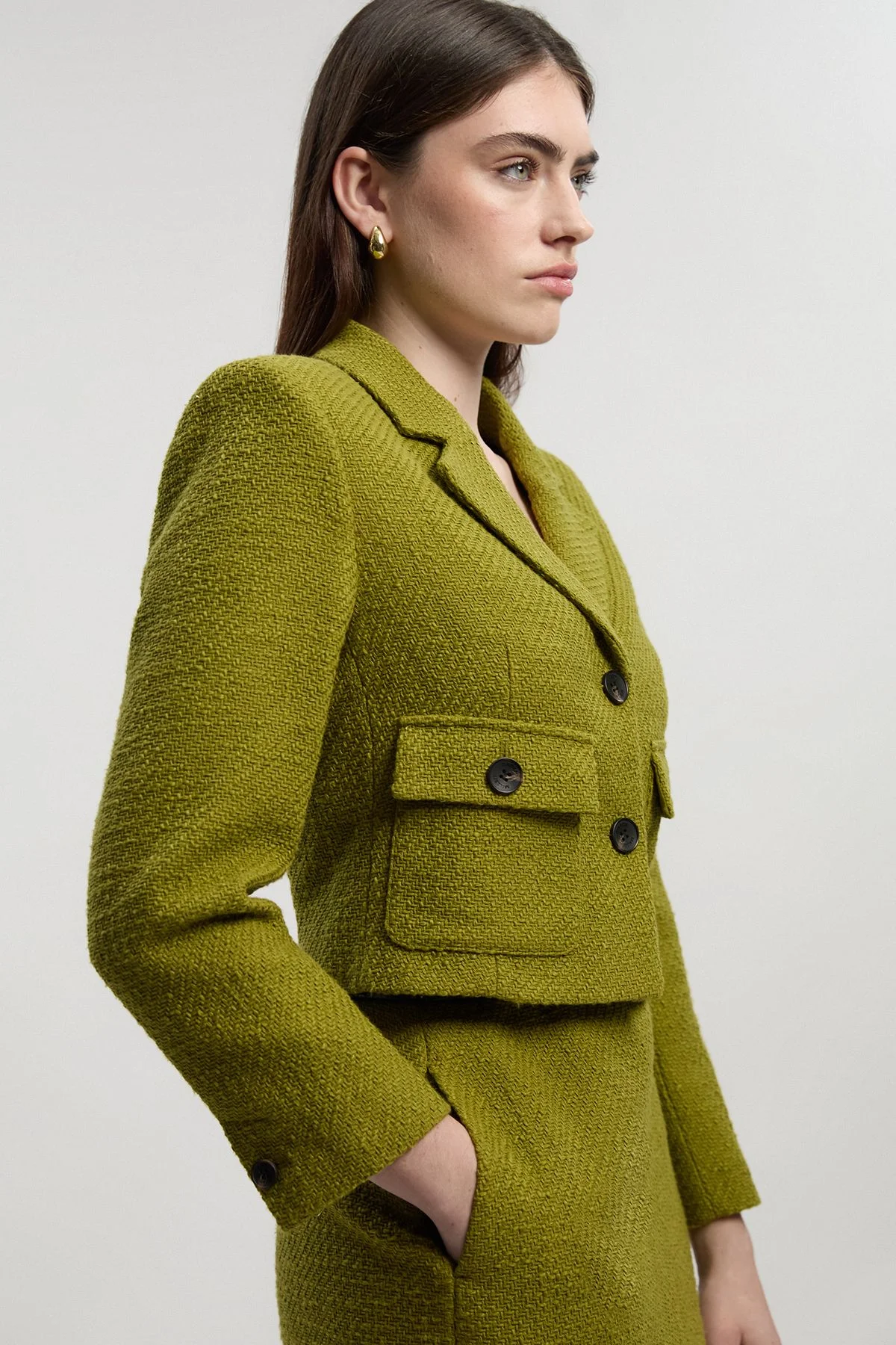 Textured Tweed Pocket Front Tailored Cropped Jacket - 1