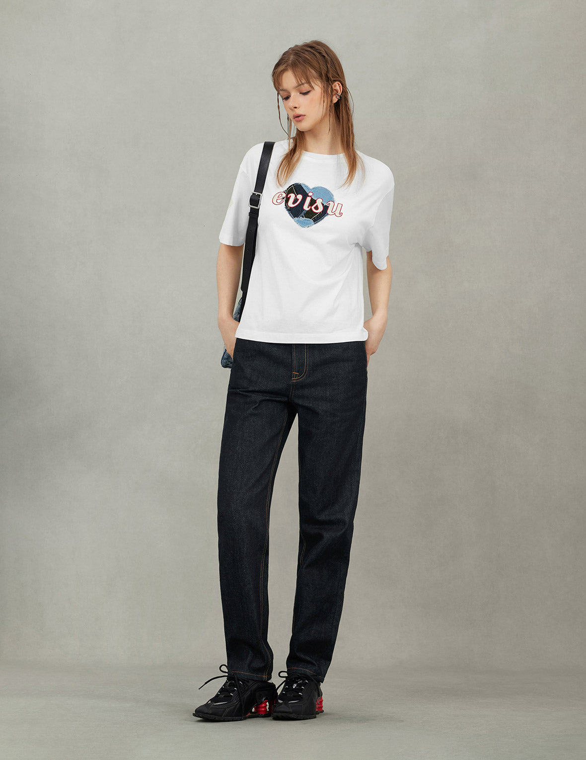 Denim Patchwork Heart and Logo Embroidery Drop Shoulder T-Shirt - 7