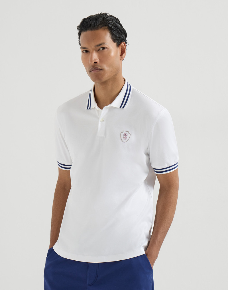 Cotton jersey polo shirt with striped collar and logo 2