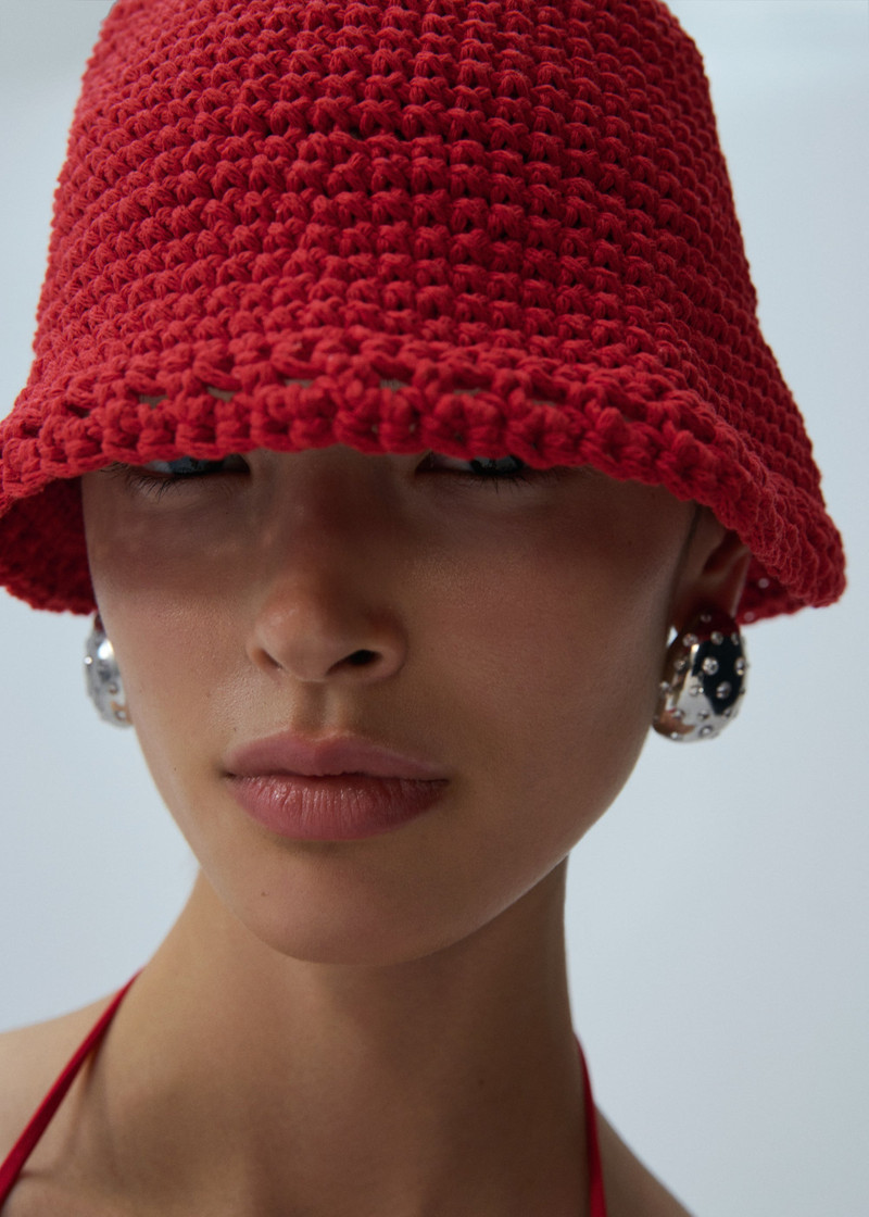 Handmade wide brim crochet bucket hat in red 4