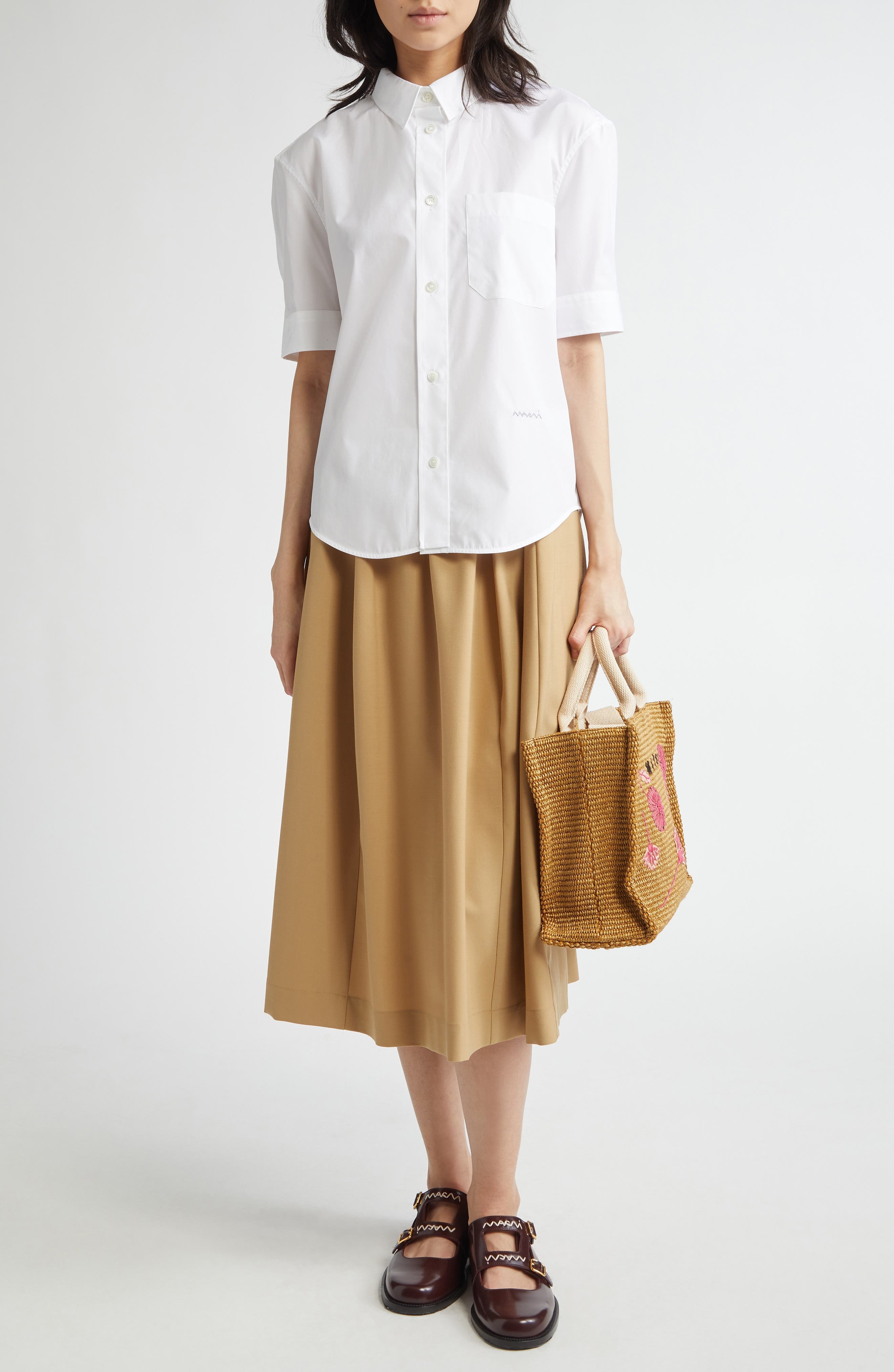 Marni Short Sleeve Poplin Button-Up Shirt in Lily/White at Nordstrom - 2