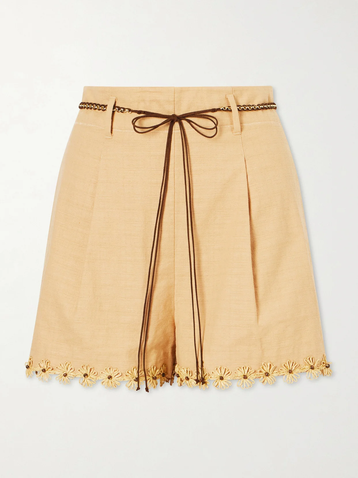Mahon Flower Pleated Leather And Raffia-trimmed Cotton Shorts - 1