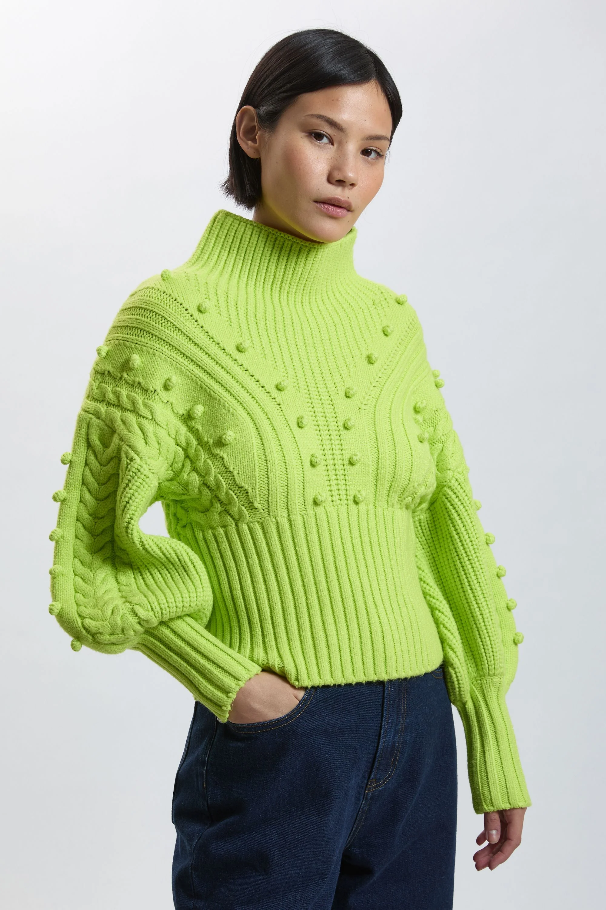 Petite Bobble Detail Balloon Sleeve Cable Knit Viscose Blend Jumper - 1