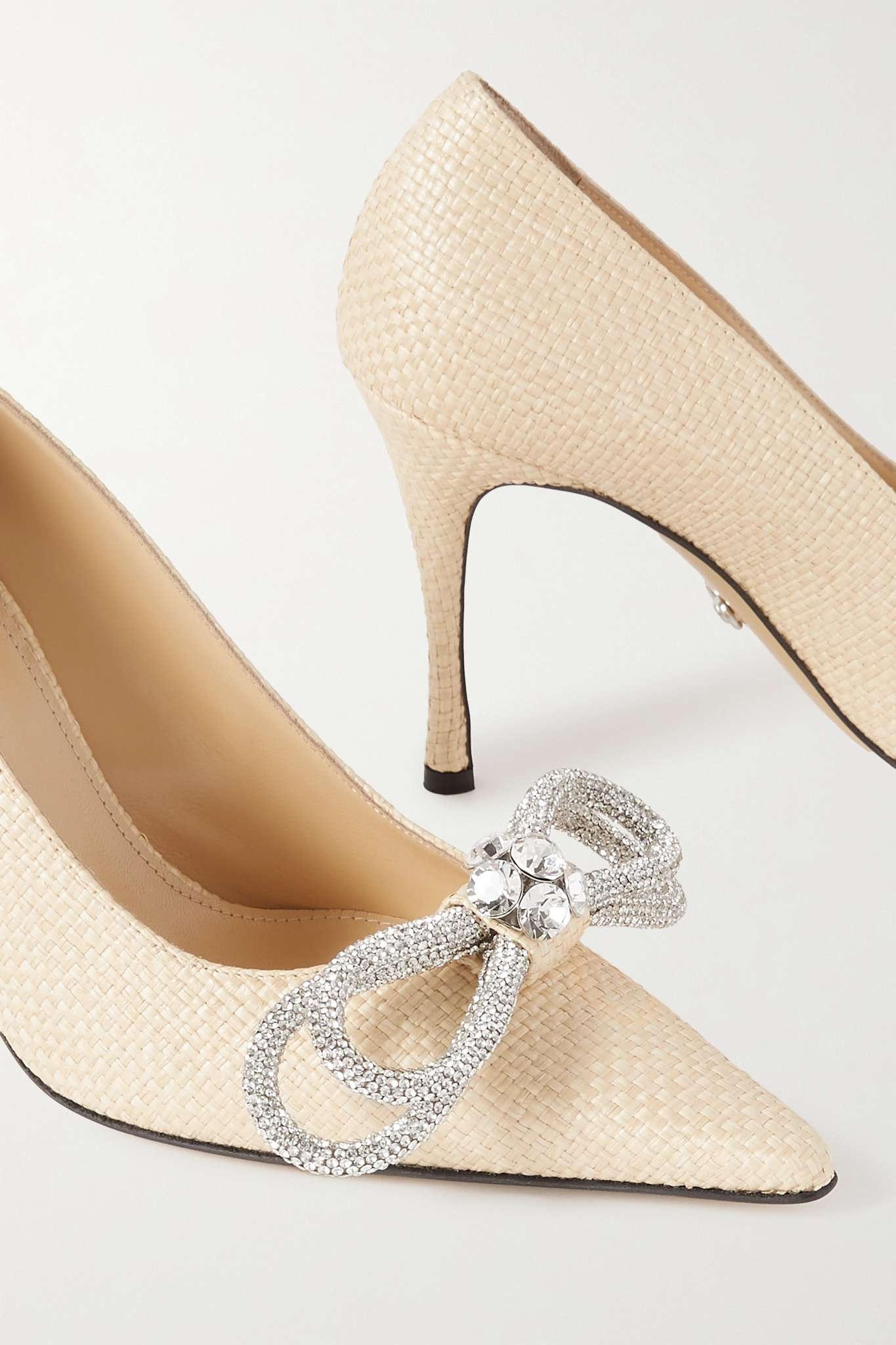 Double Bow crystal-embellished raffia pumps - 4