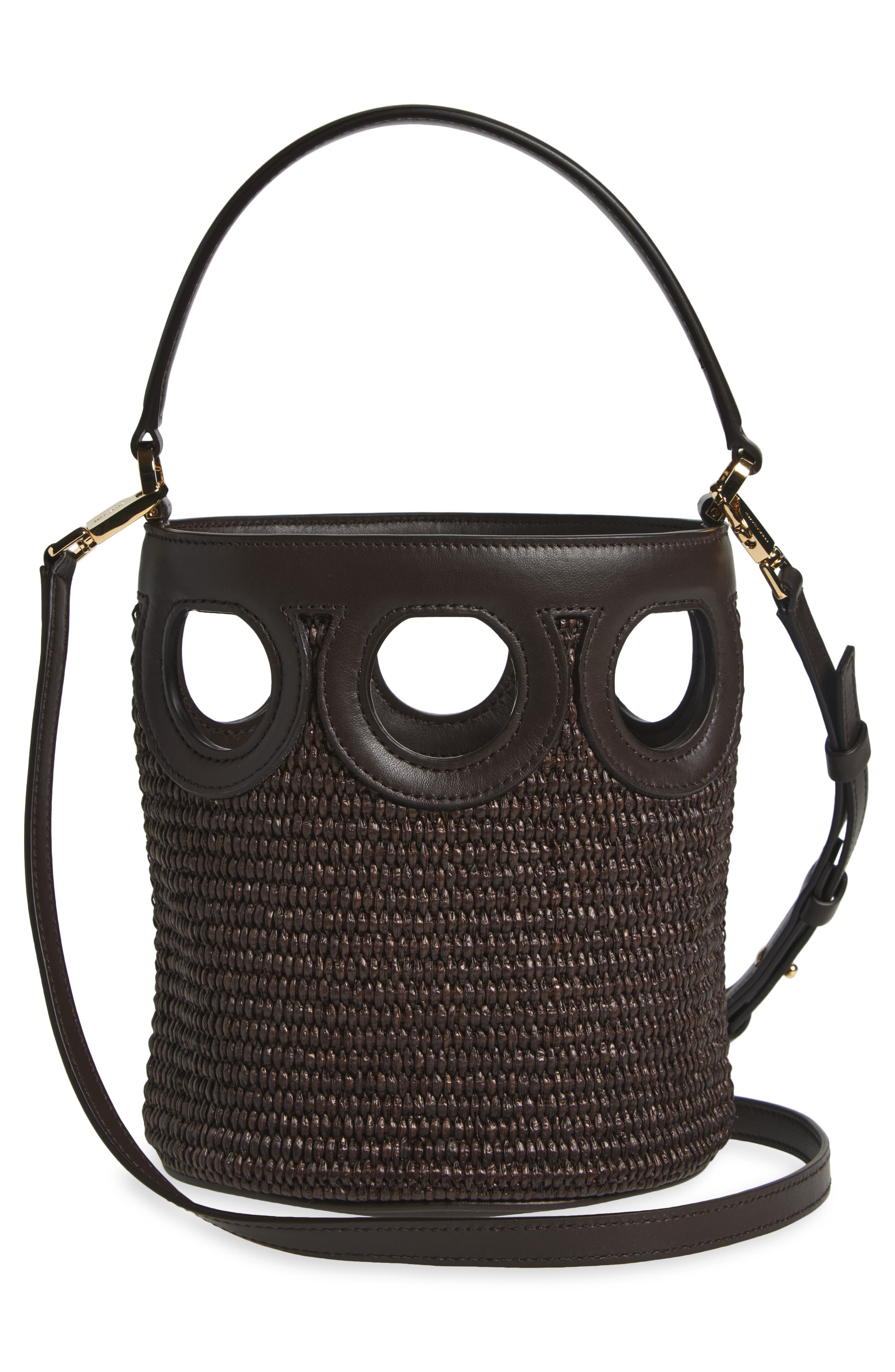 FERRAGAMO Mini Gancio Outline Raffia Bucket Bag in T Moro/Testa Di Moro at Nordstrom - 4