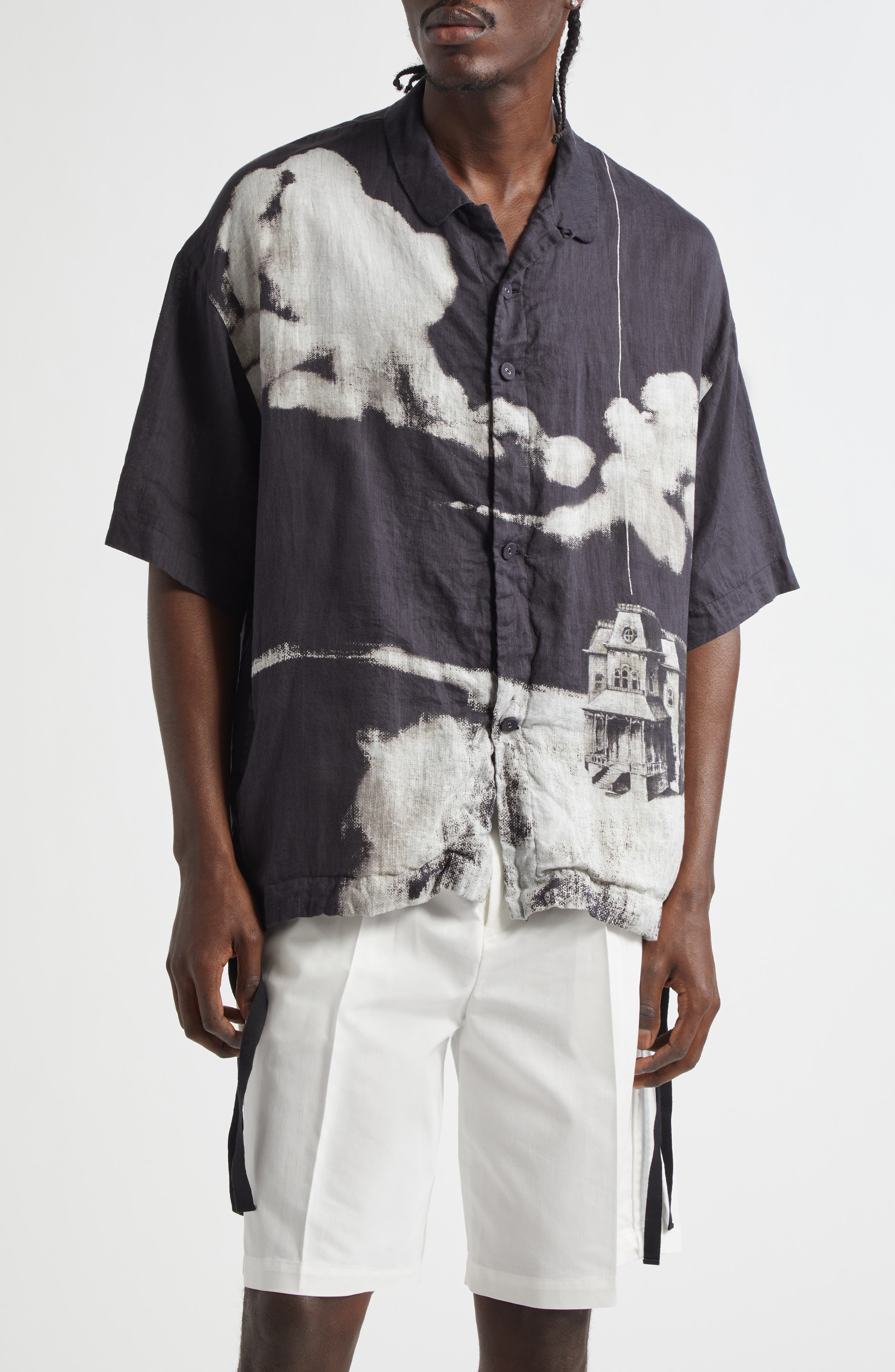 Undercover Oversize Short Sleeve Linen Button-Up Shirt in Black Base at Nordstrom - 1
