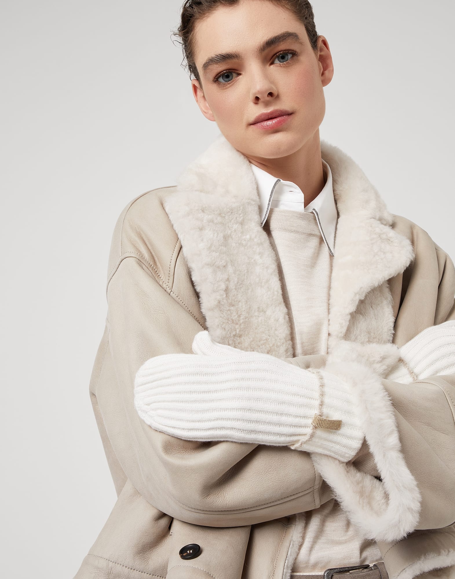 Cashmere rib knit mittens with monili - 3