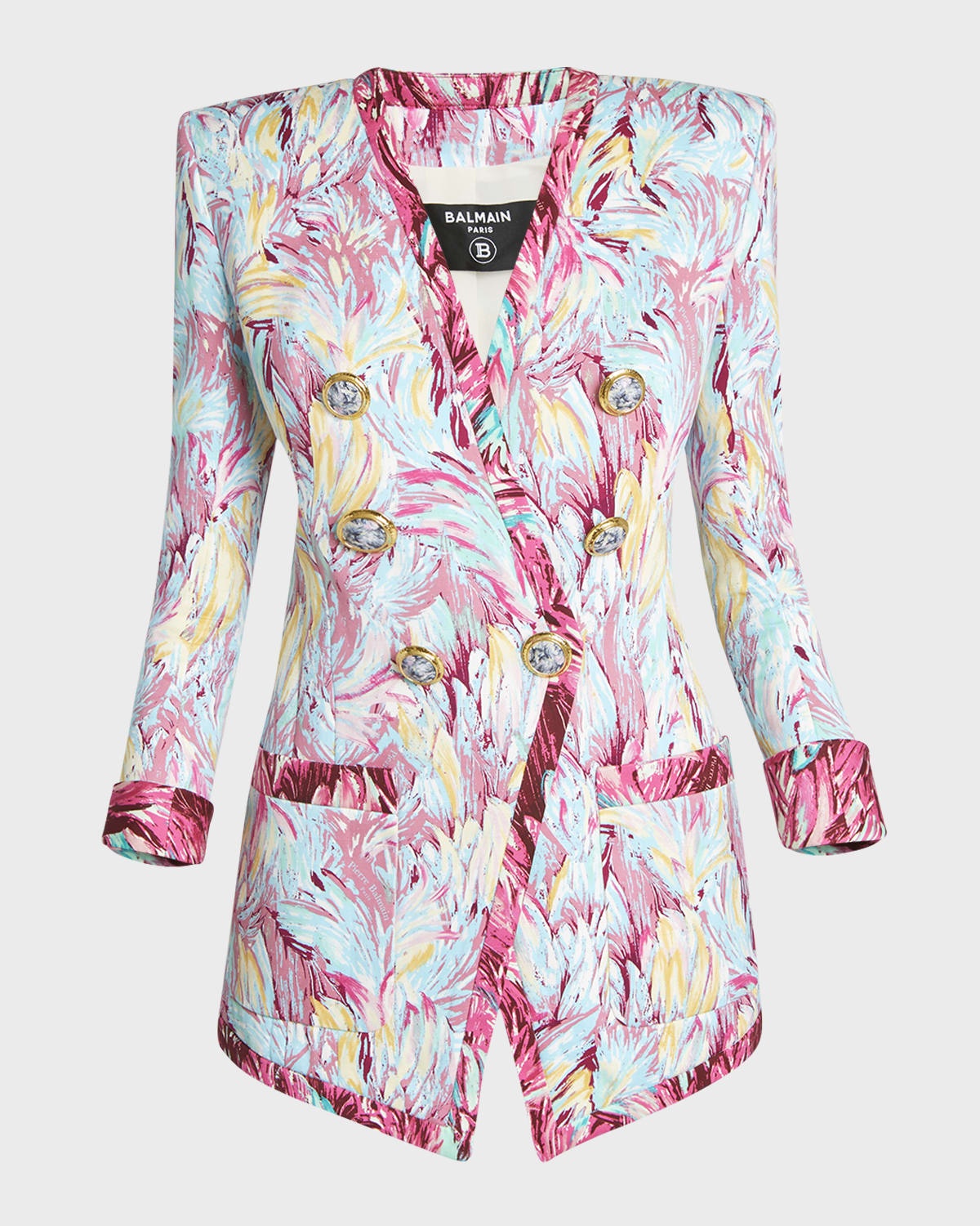 Feather-Print Collarless Long Double-Breasted Jacket - 1