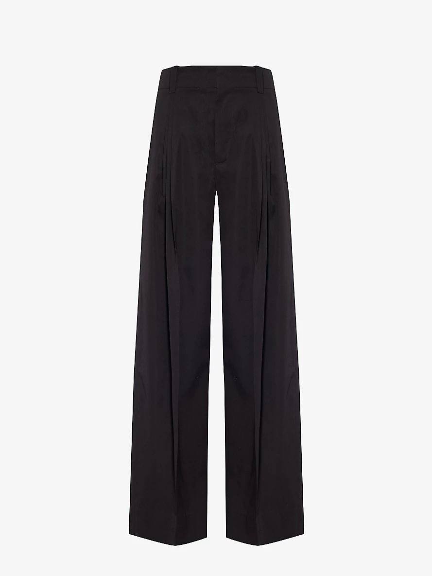 Pleated wide-leg high-rise cotton-blend trousers - 1