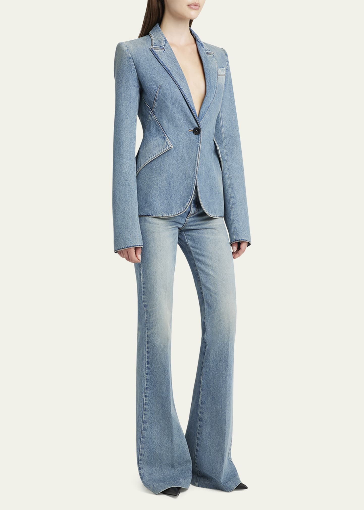 One-Button Denim Blazer - 2