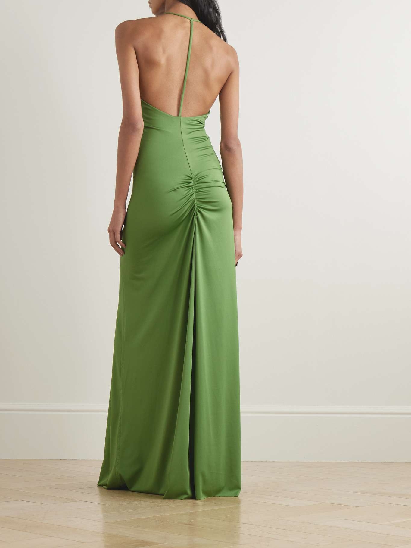 Cutout ruched stretch-satin gown Green - 3