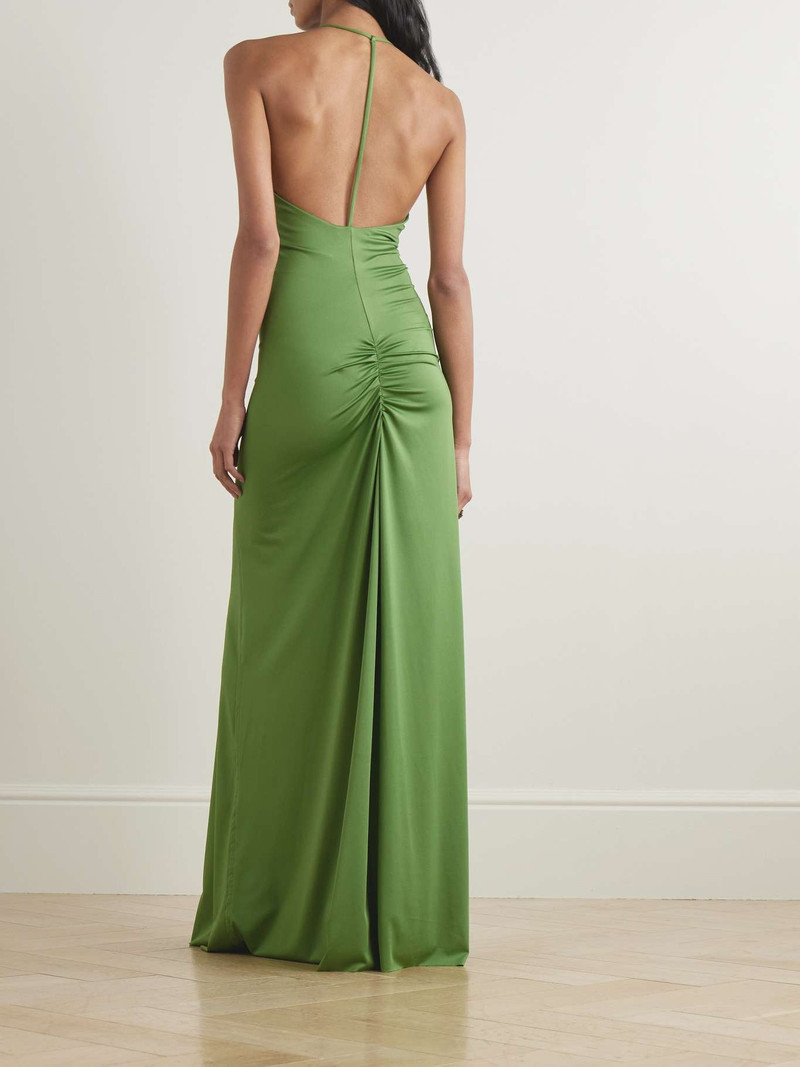 Cutout ruched stretch-satin gown Green 3