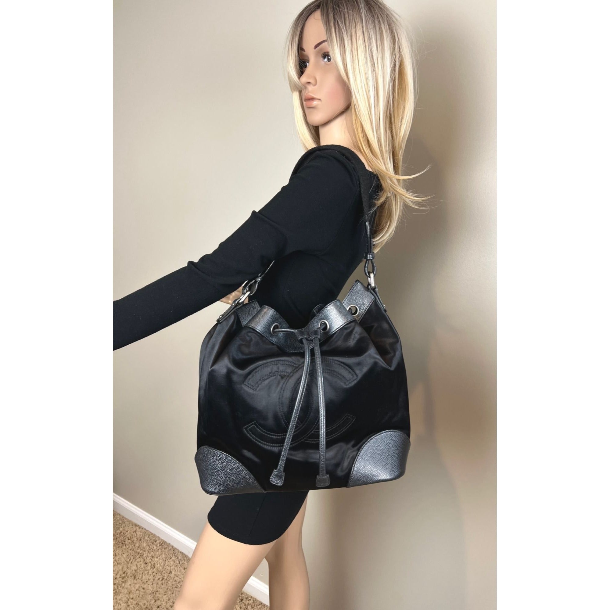 CHANEL Satin CC Large Black Bucket Shouler Bag - 7