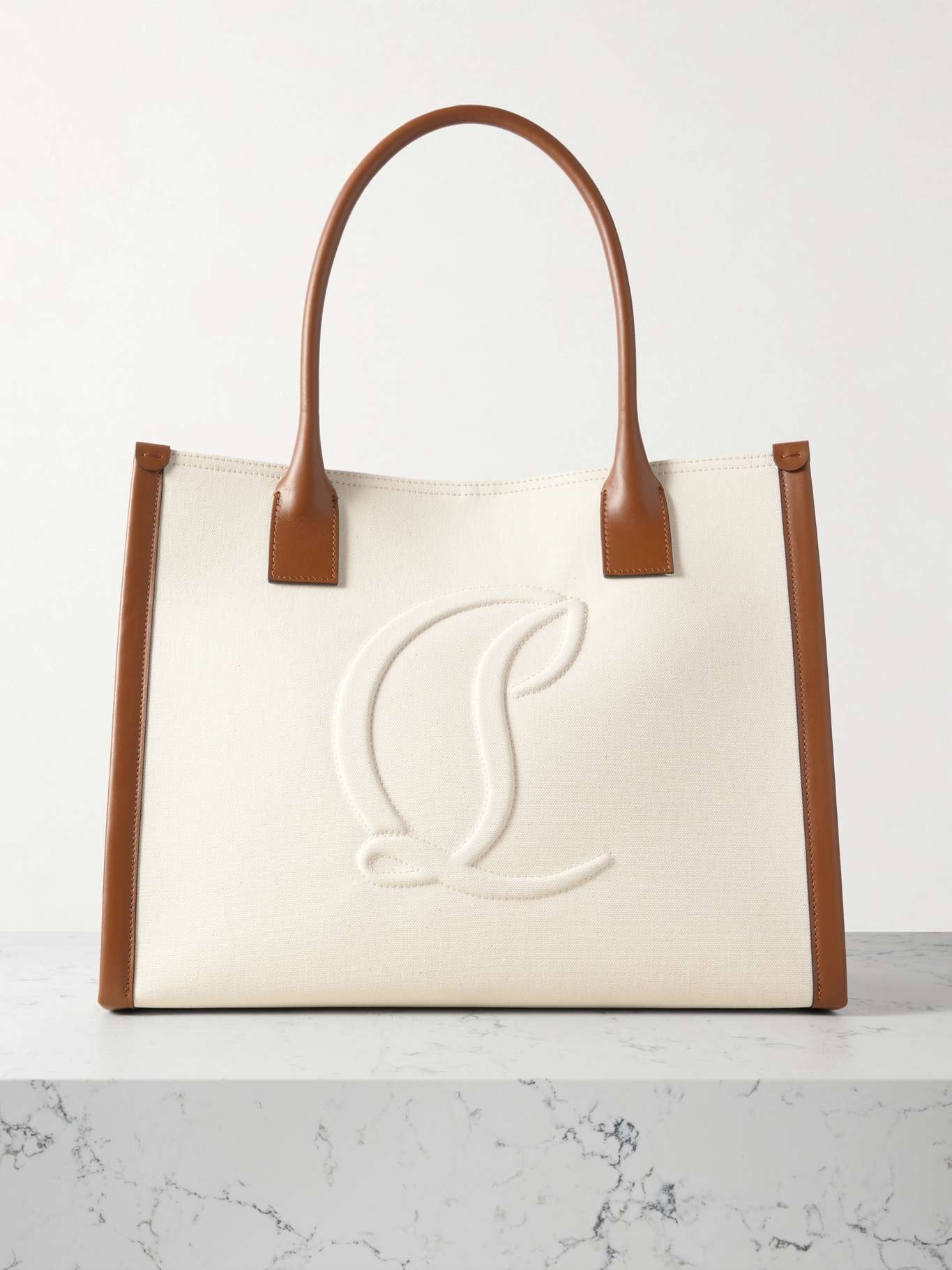 By My Side leather-trimmed embossed cotton-canvas tote - 1