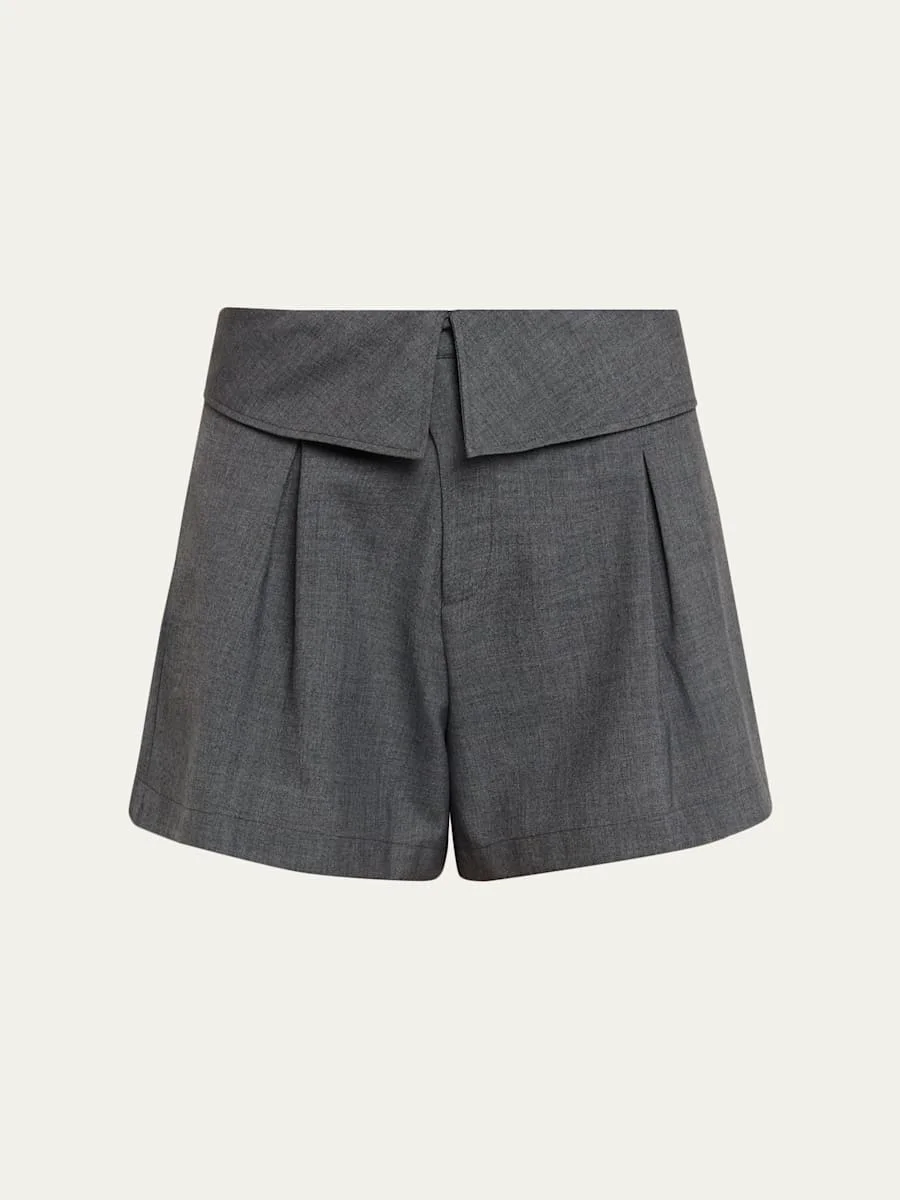 Foldover Waist Pleated A-Line Tailored Shorts - 1