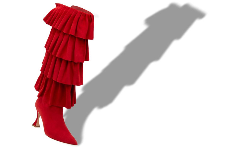 Manolo Blahnik Red Suede Ruffled Knee High Boots outlook
