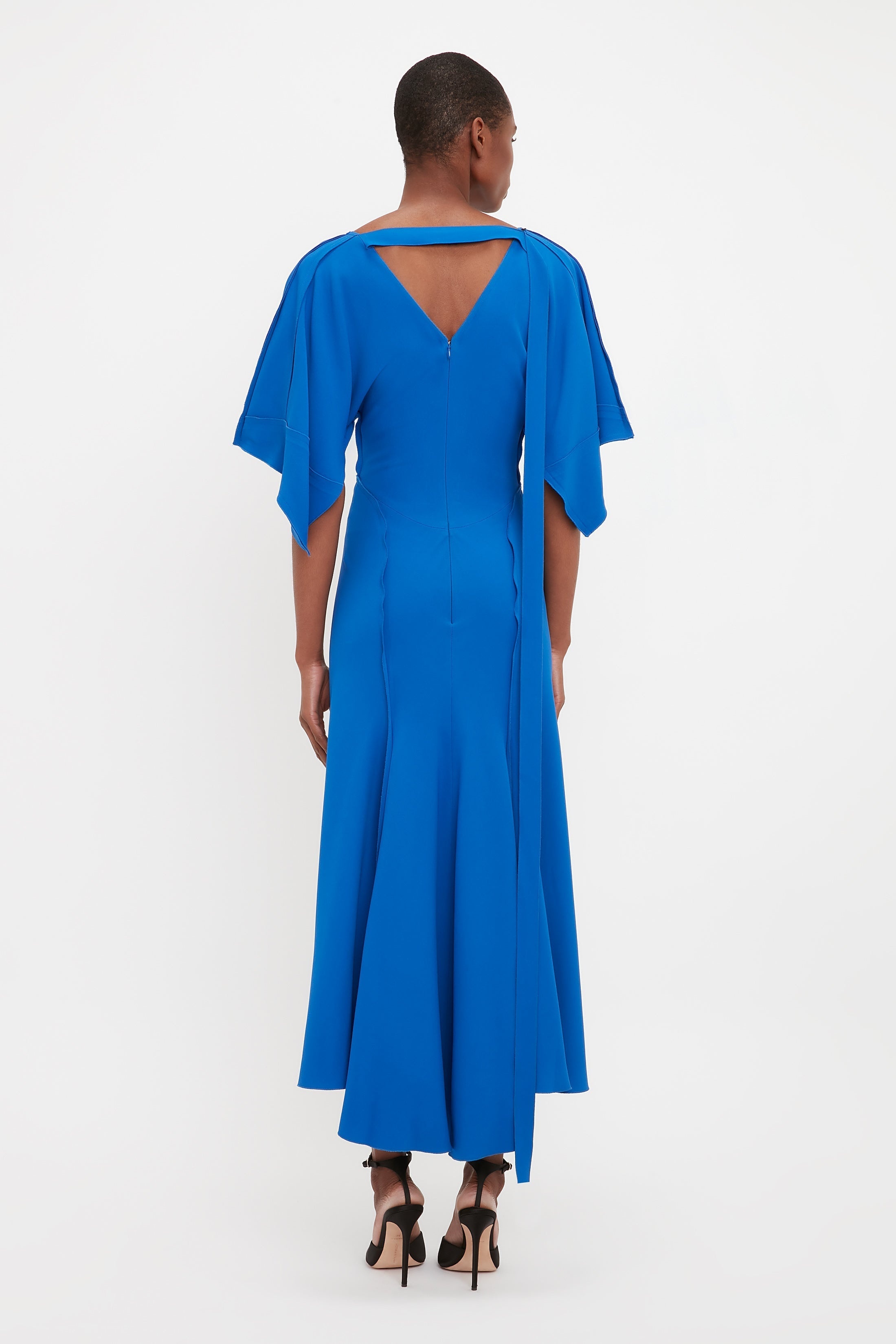 V-Neck Bias Godet Dress In Bright Blue - 4