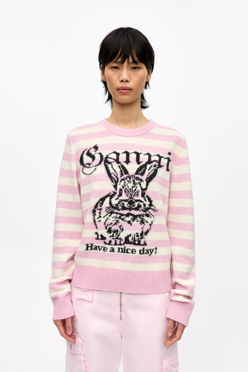GANNI STRIPED GRAPHIC WOOL BUNNY SWEATER outlook