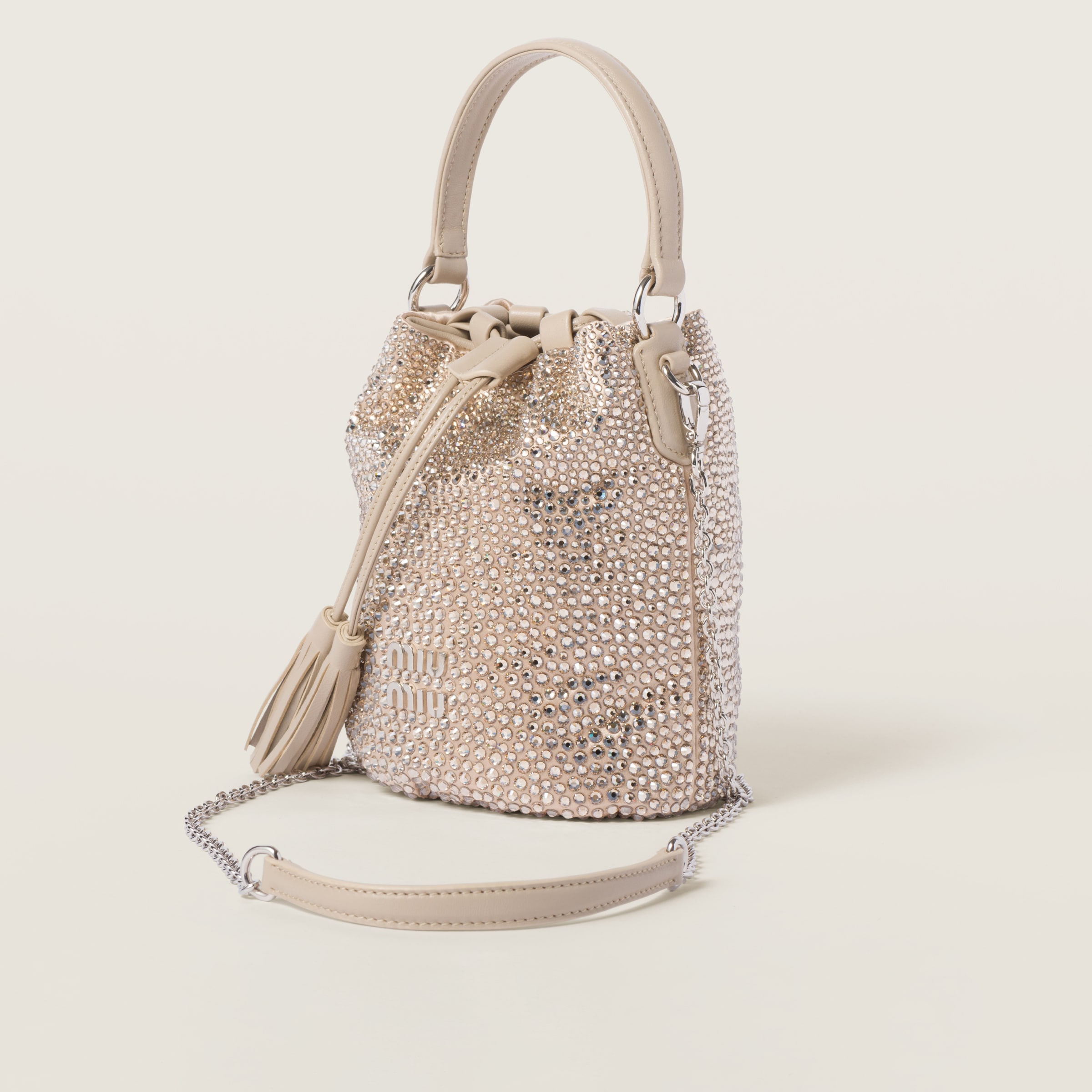 Miu Miu Satin bucket bag with synthetic crystals | REVERSIBLE