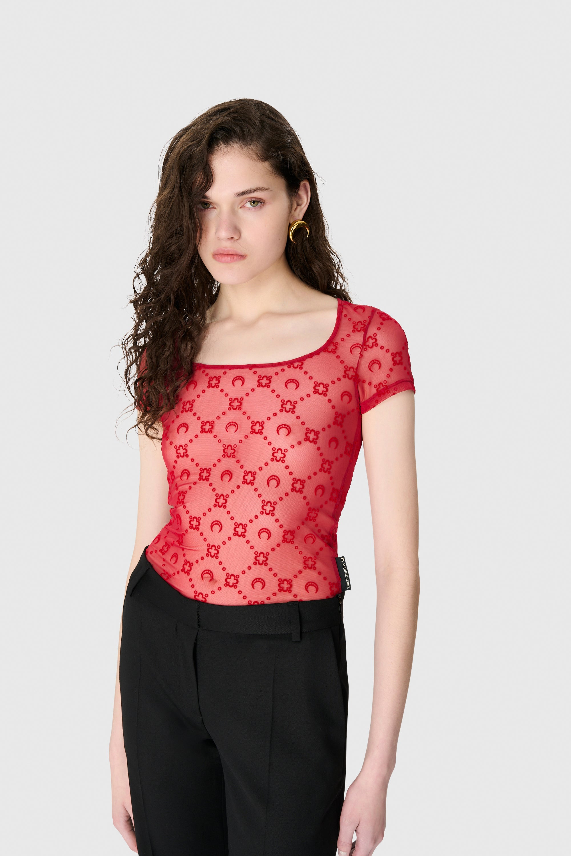 Moonogram Mesh Flock SS Roundneck Top - 2
