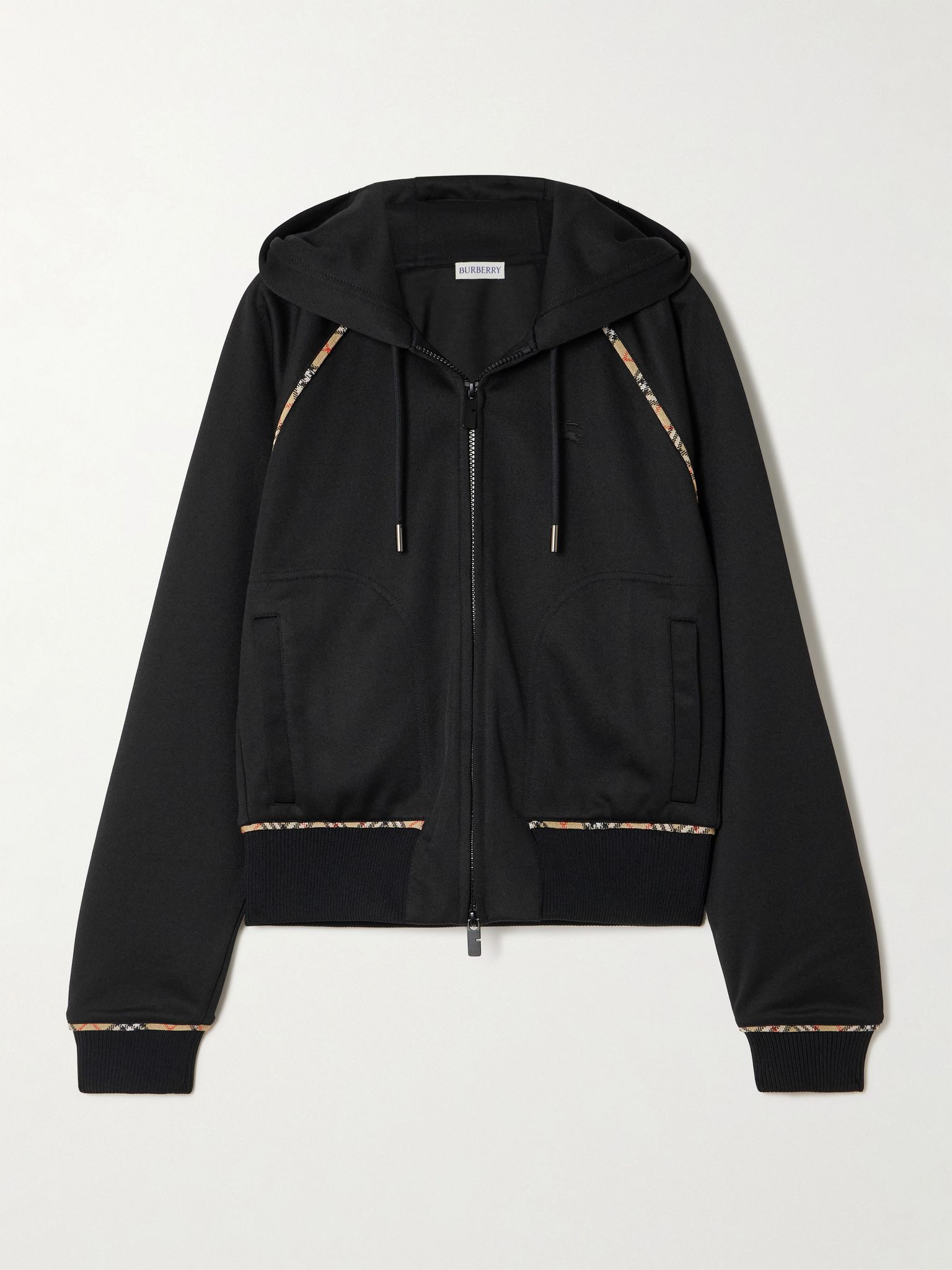Checked piqué-trimmed jersey hooded track jacket Black - 1
