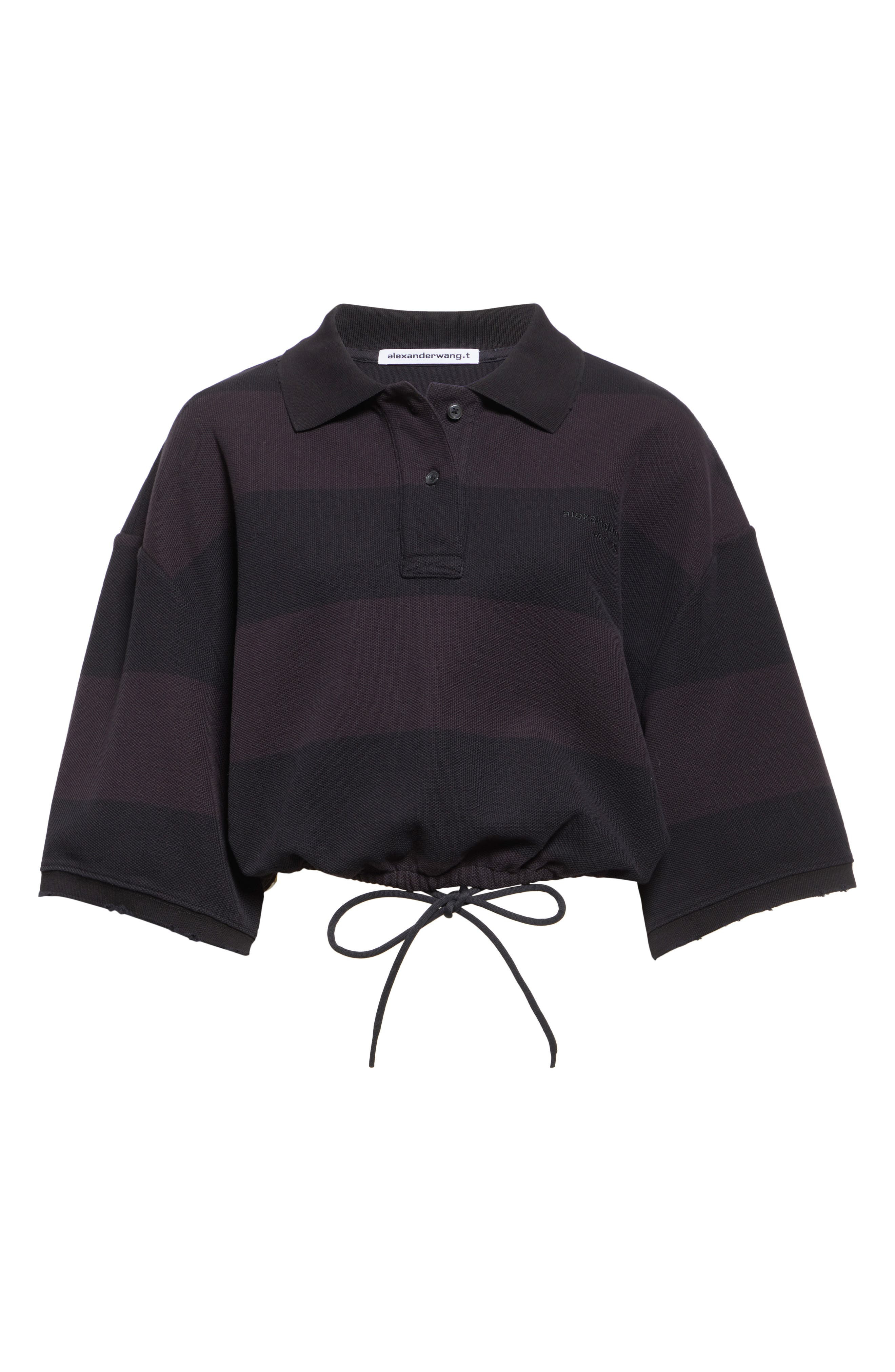 Alexander Wang Deconstructed Crop Piqué Polo in Black Overdyed Stripe at Nordstrom - 6