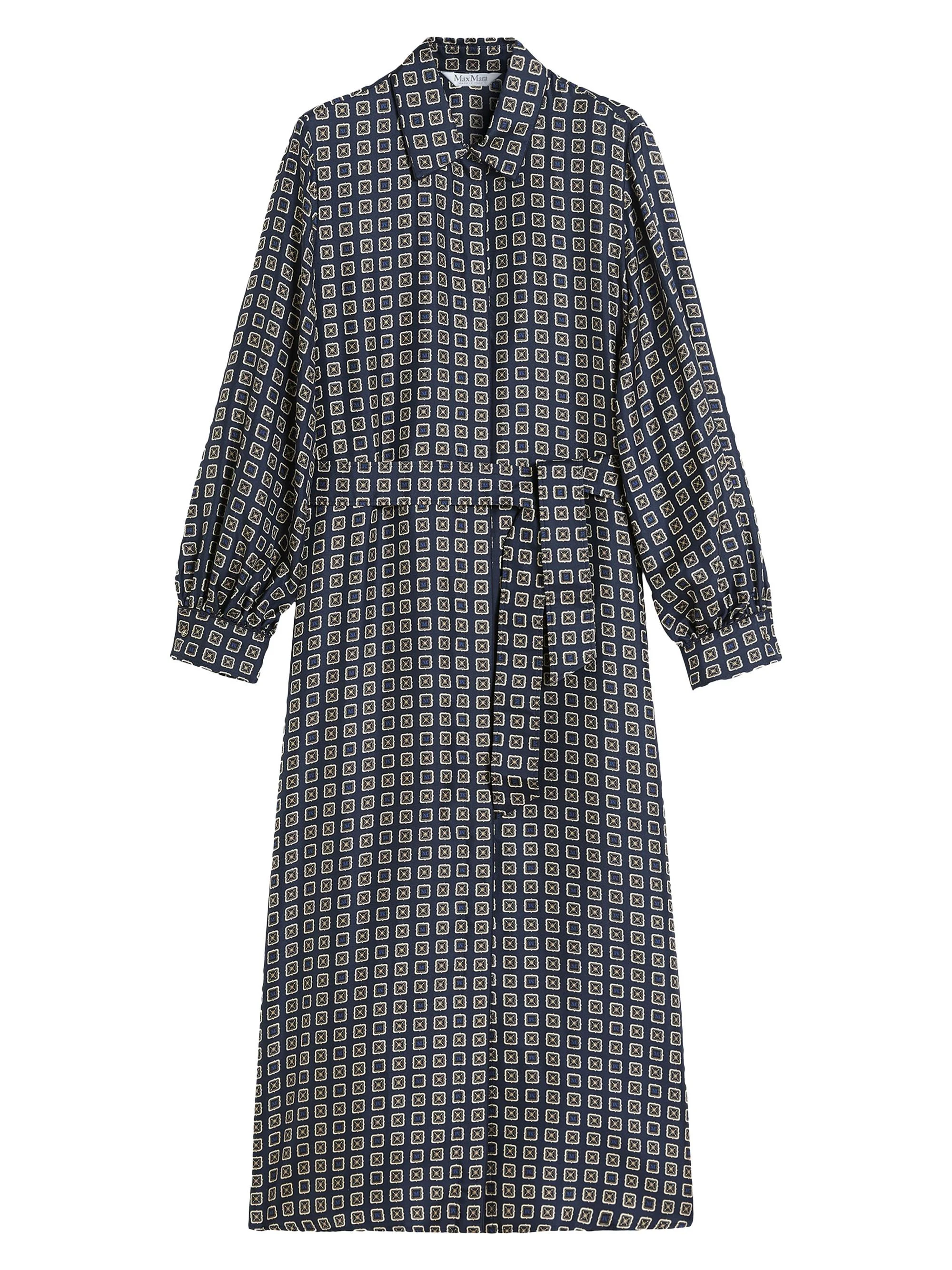 Women's Printed Silk Shirt Dress - Ultramarine - 1