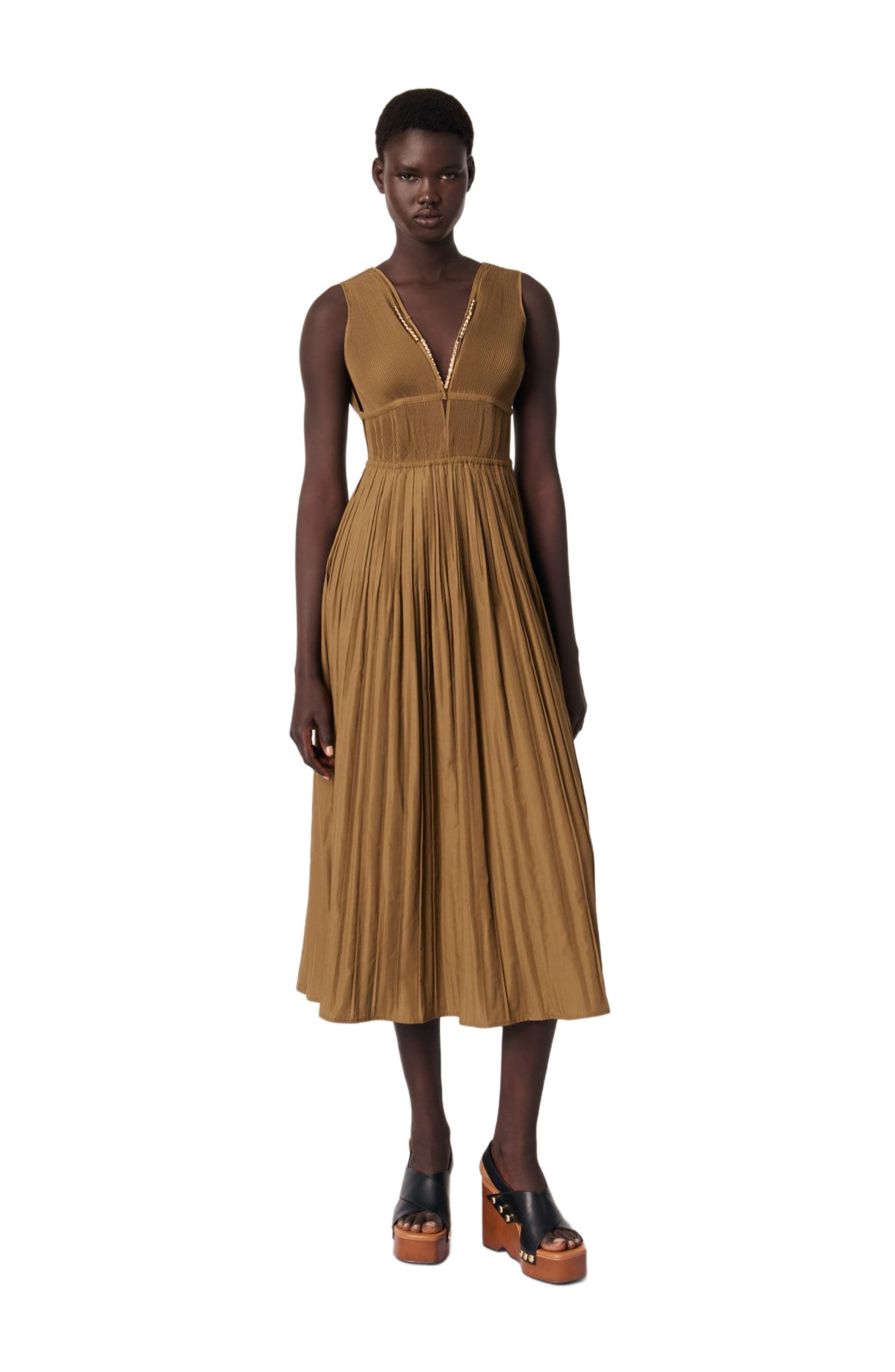 maje Jewellery neckline pleated dress in Khaki at Nordstrom - 1
