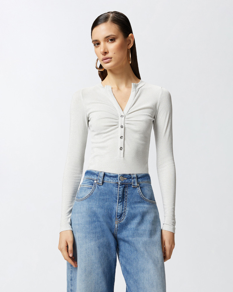 PINKO METALLIC RIBBED HENLEY SWEATER outlook