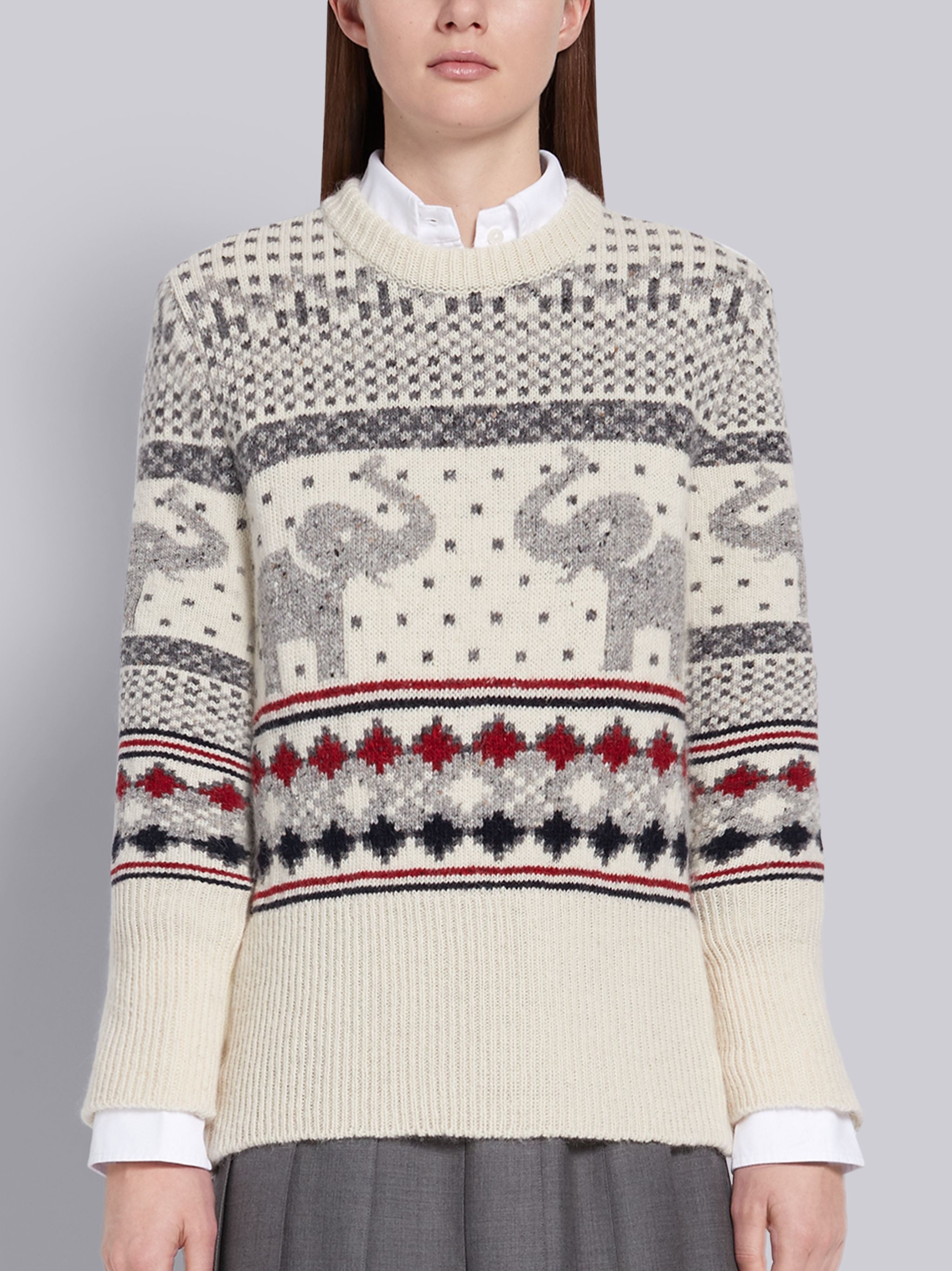 White Mohair Wool Tweed Elephant Icon Fair Isle Crewneck Pullover - 1