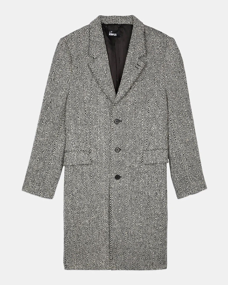 LONG BLACK AND WHITE HERRINGBONE COAT - 1