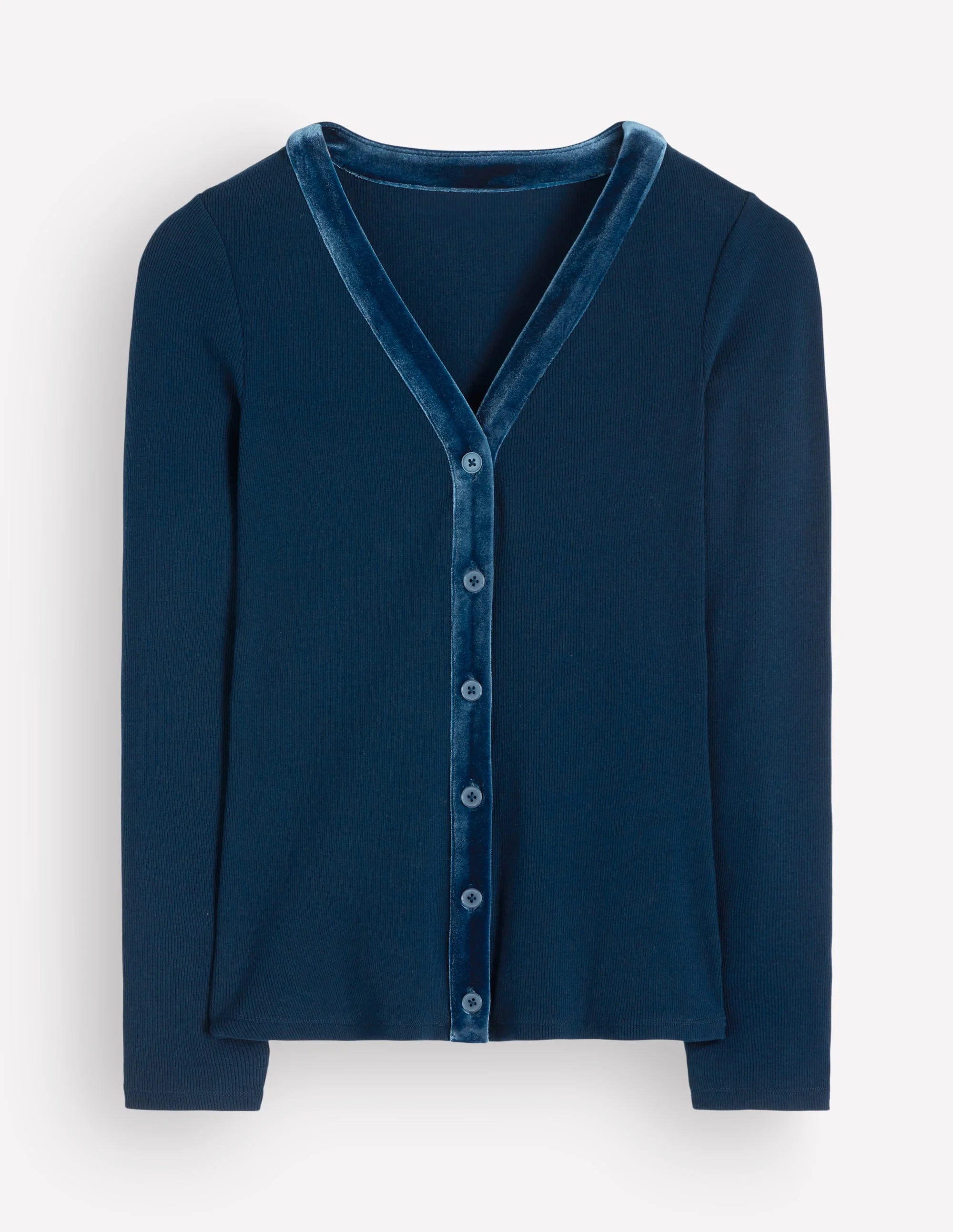 Velvet Trimmed V-Neck Top-Sailor Blue - 1