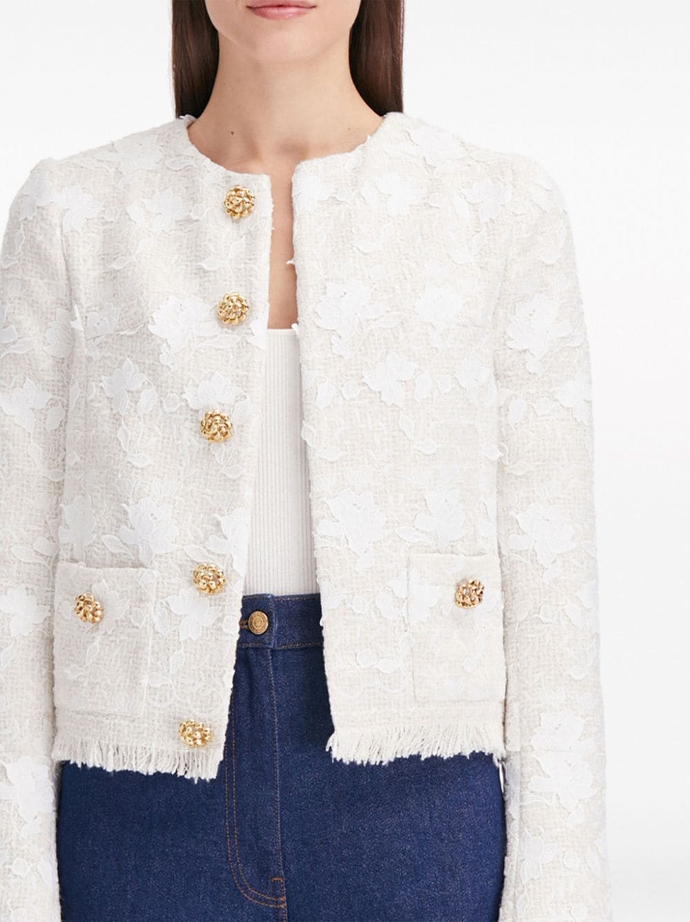 floral-embroidery tweed jacket - 5