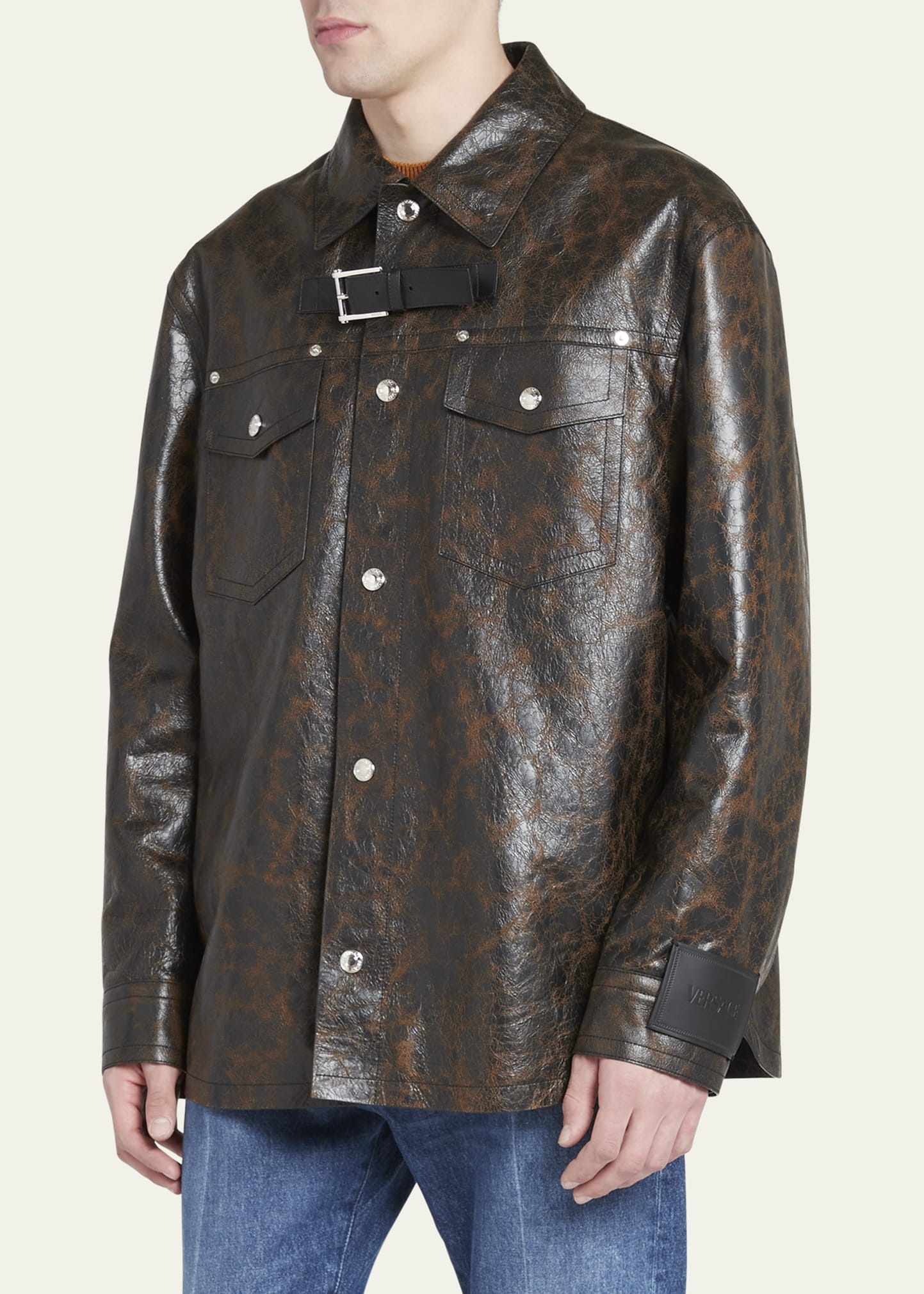 Men's Crackled Leather Caban Coat - 4