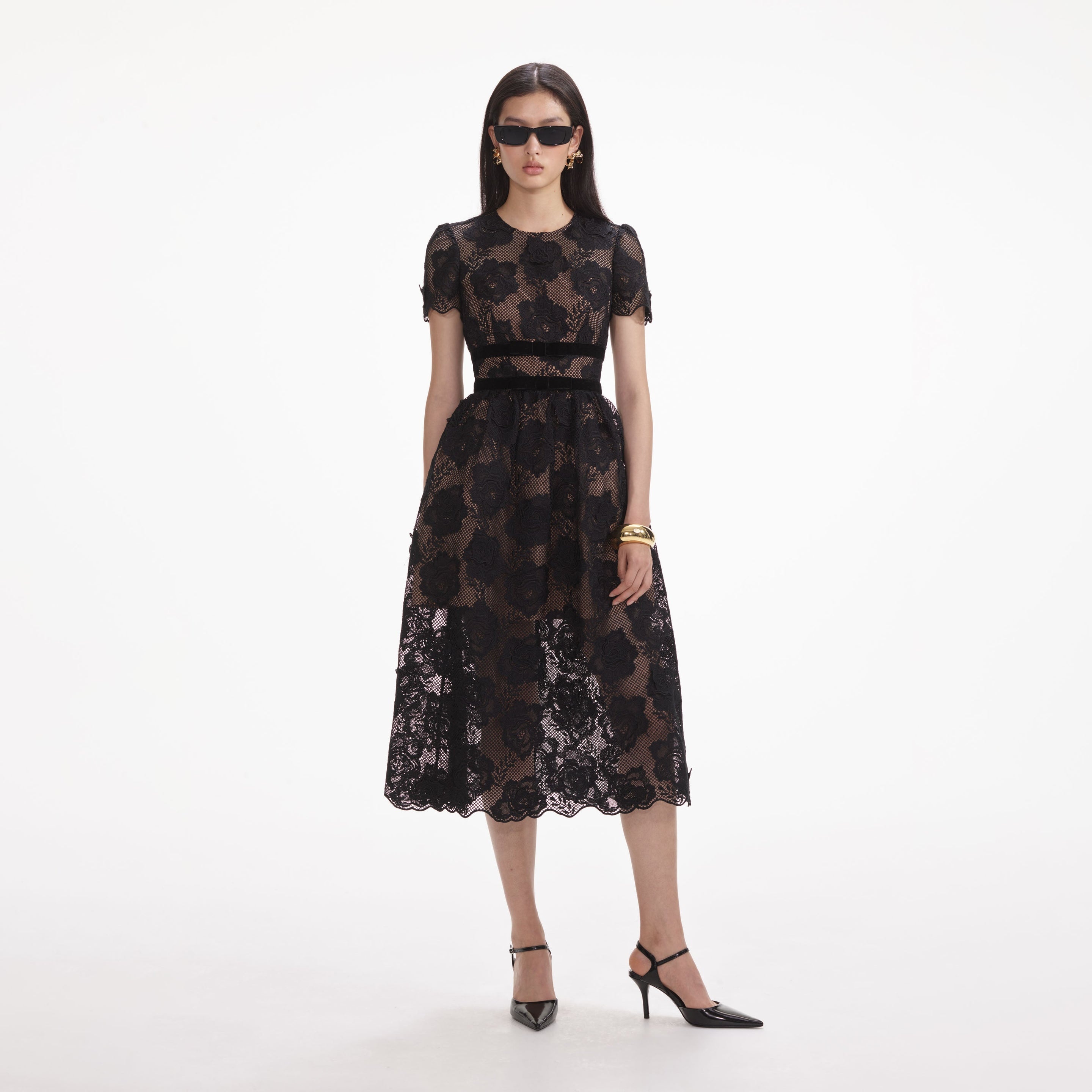 Black Lace Velvet Bow Midi Dress - 2