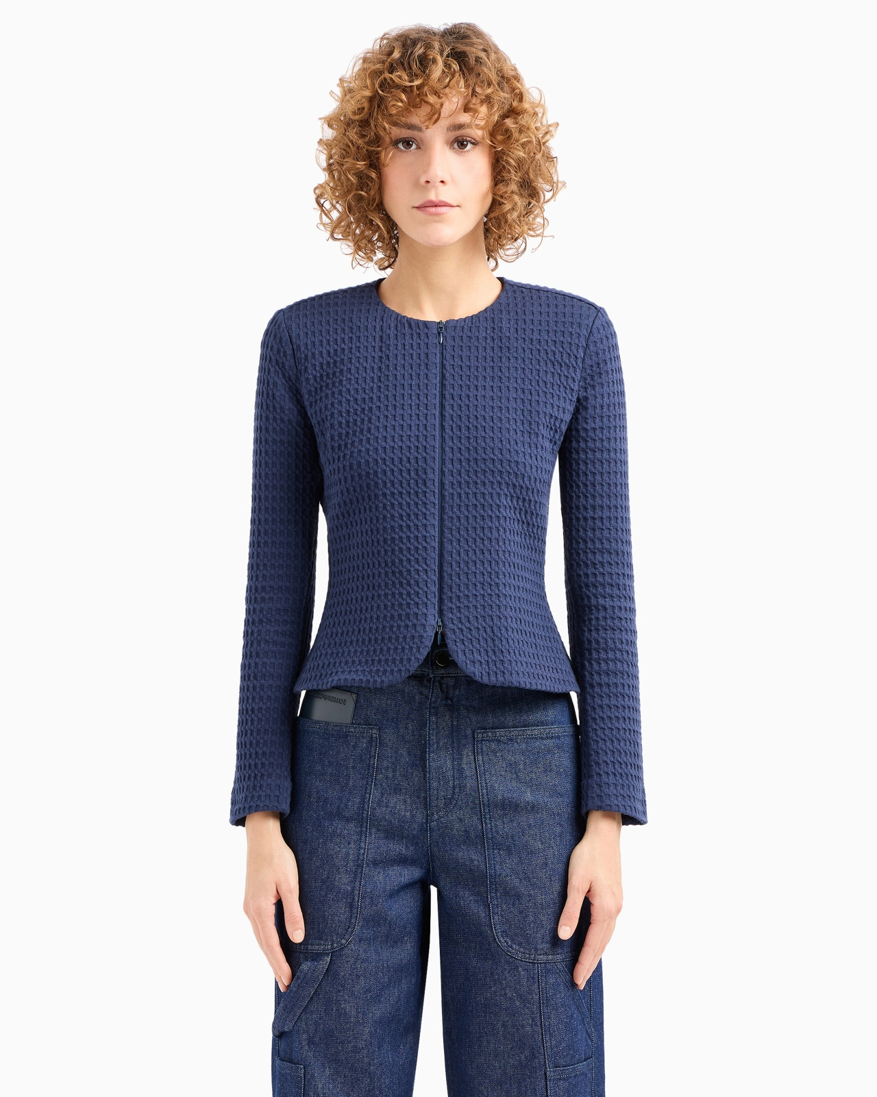 Waffle-effect knit jacket with zip and peplum - 2