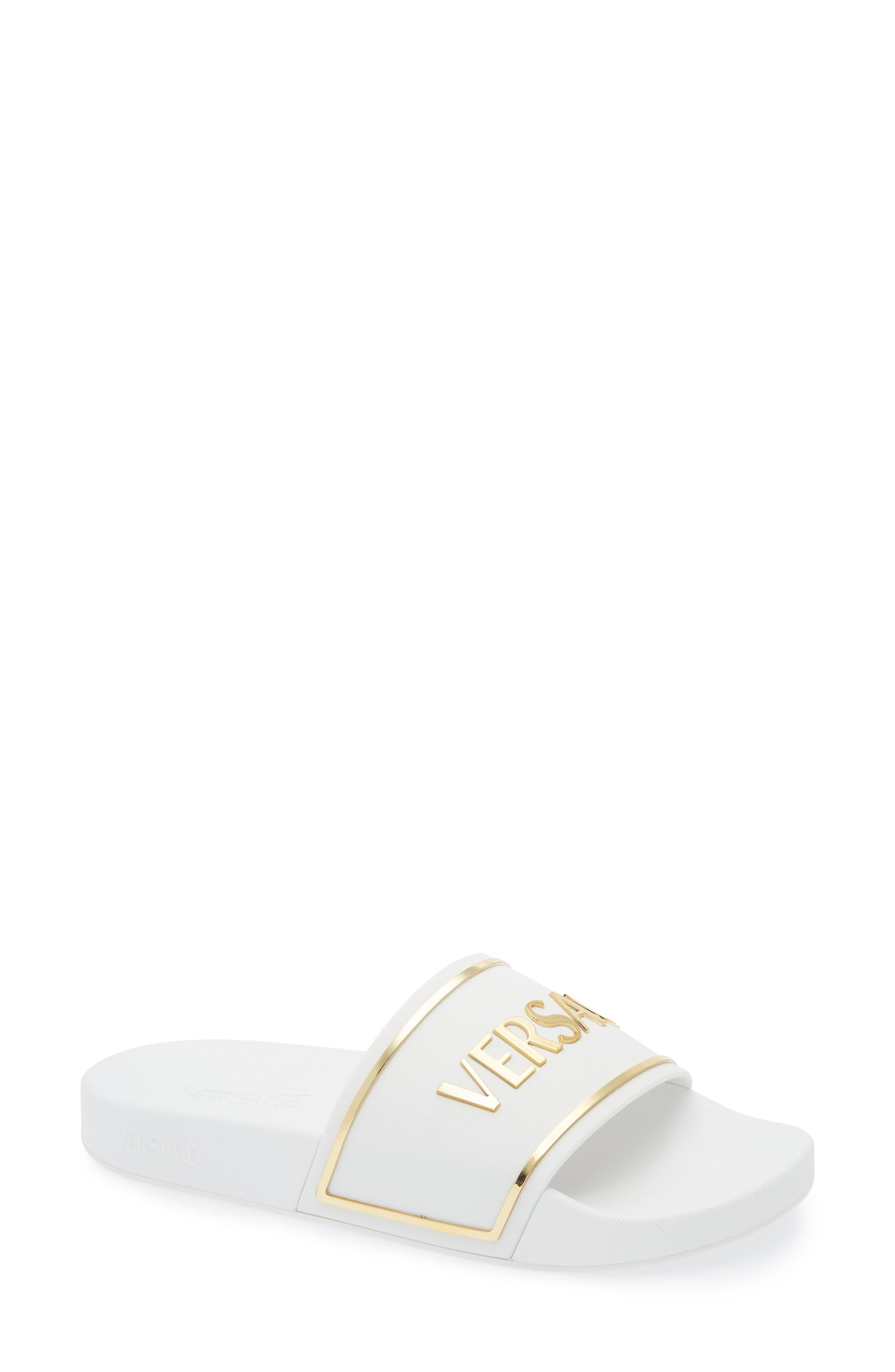 Versace Logo Pool Slide in Porcelain White-Versace Gold at Nordstrom - 1