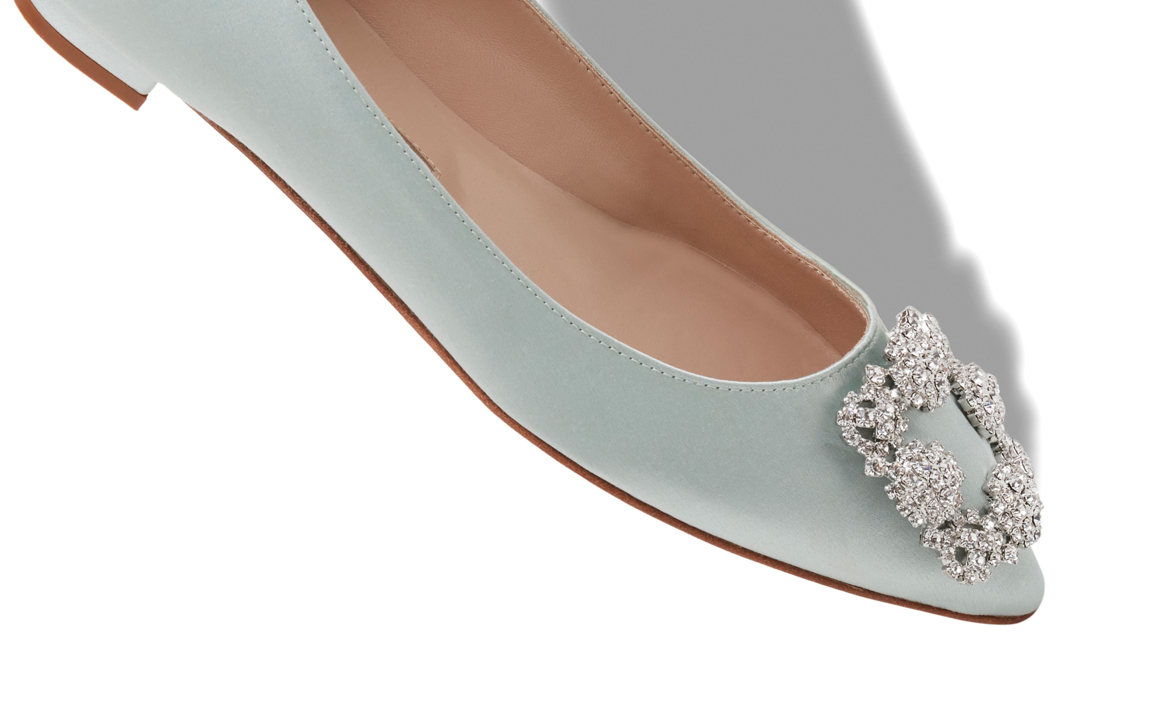 Pale Green Satin Jewel Buckle Flat Shoes - 4