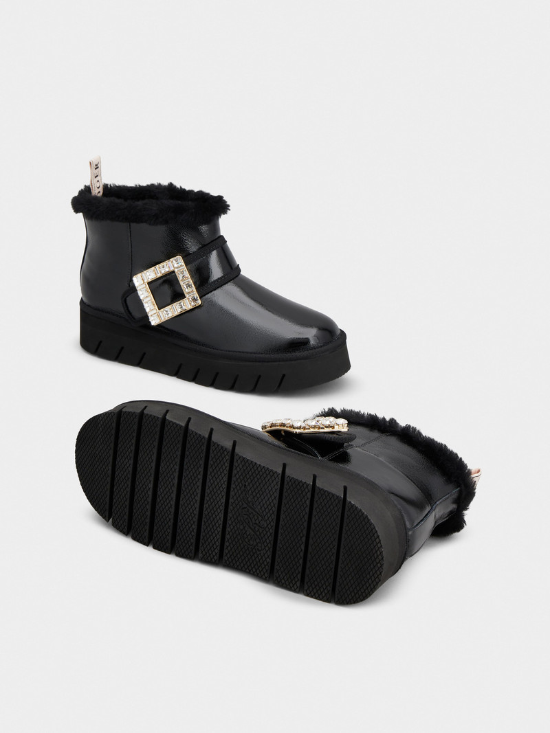 Viv' Winter Fur Strass Buckle Ankle Boots in Patent Leather 6