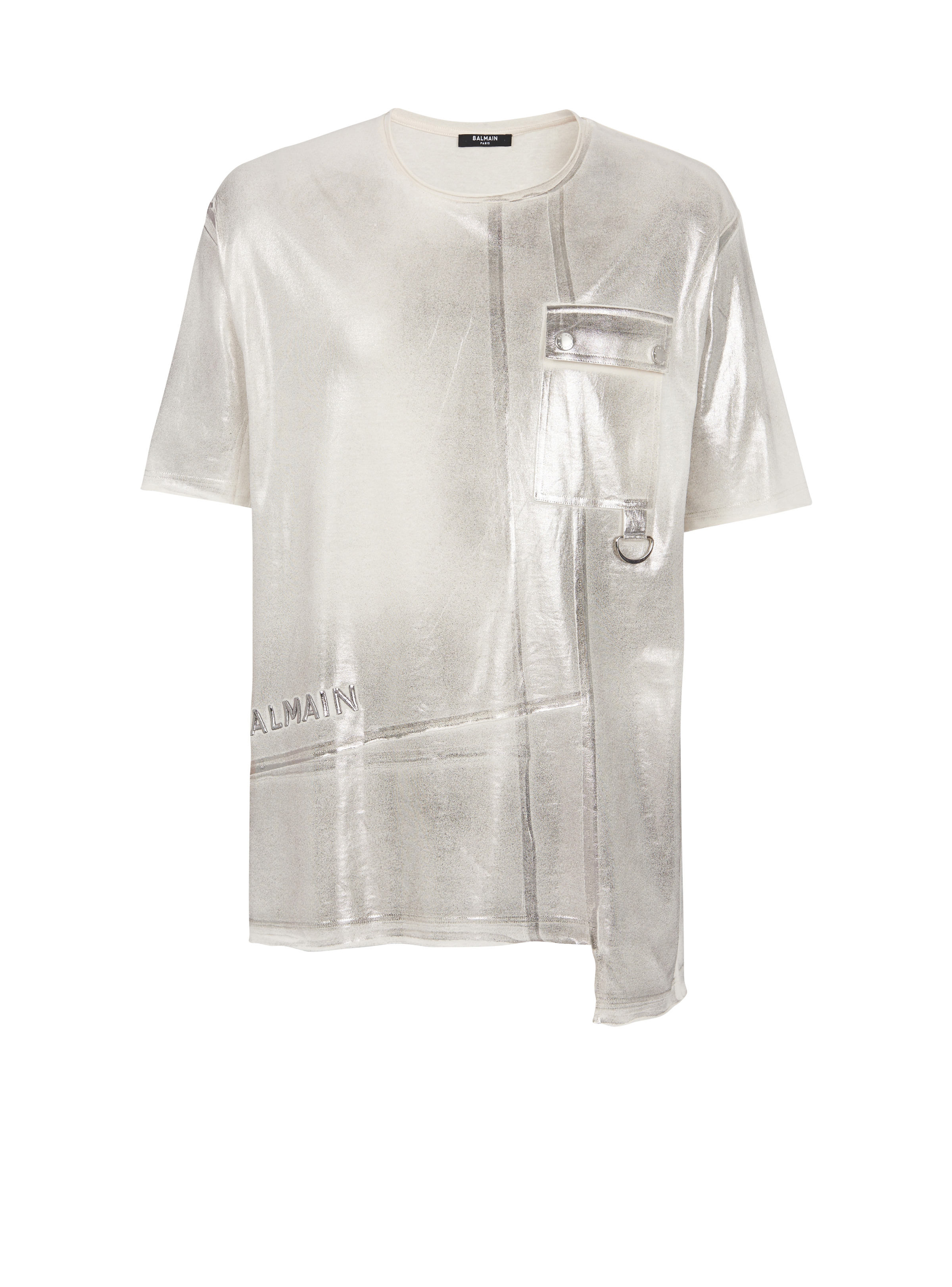 Asymmetrical eco-responsible cotton T-shirt with Balmain logo pleat print - 1