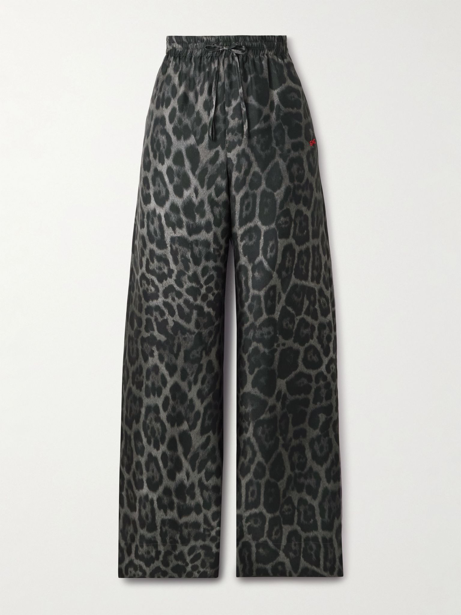Leopard-print organic silk-satin wide-leg pants Dark gray - 1