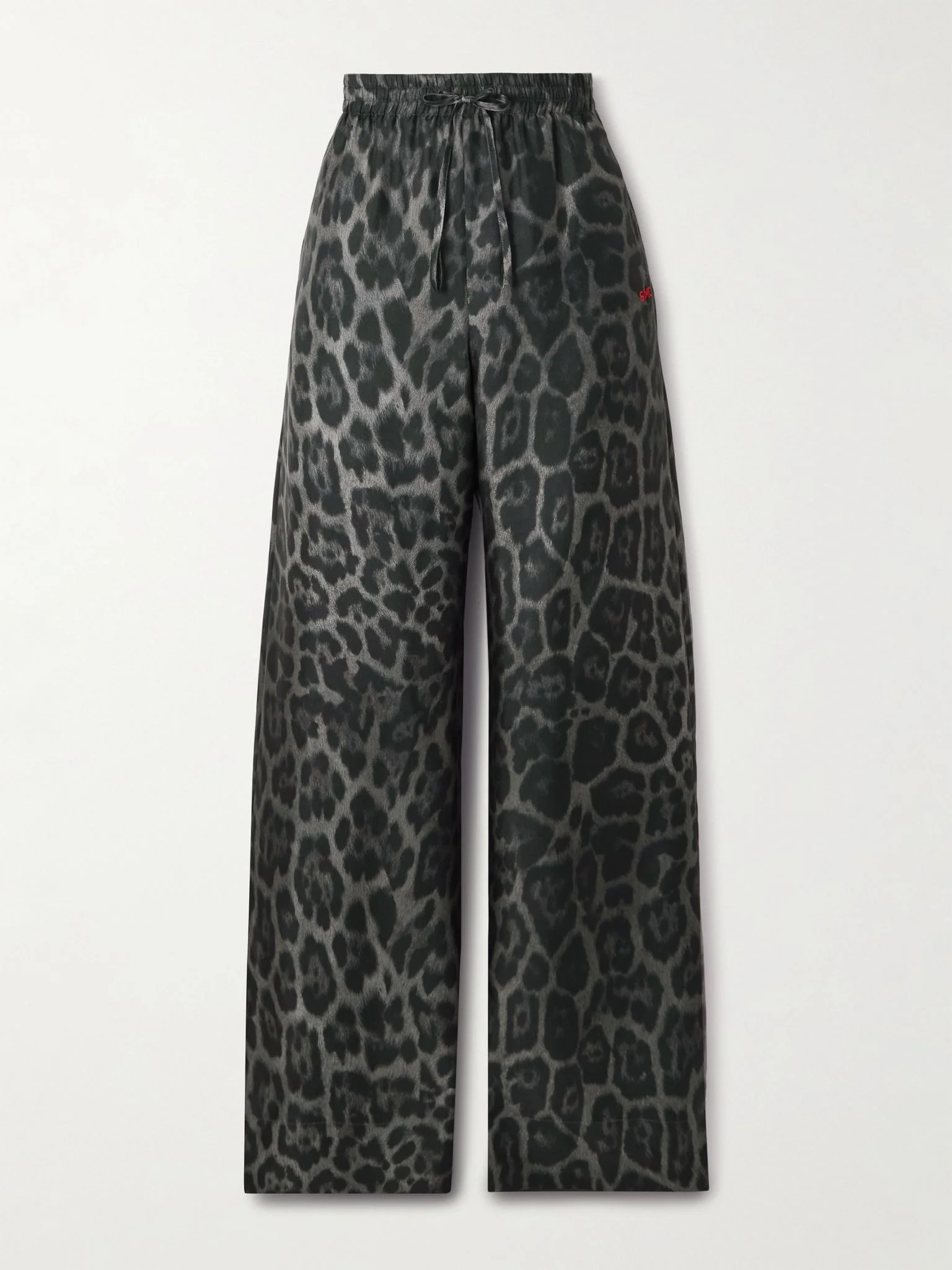 Leopard-print organic silk-satin wide-leg pants Dark gray - 1