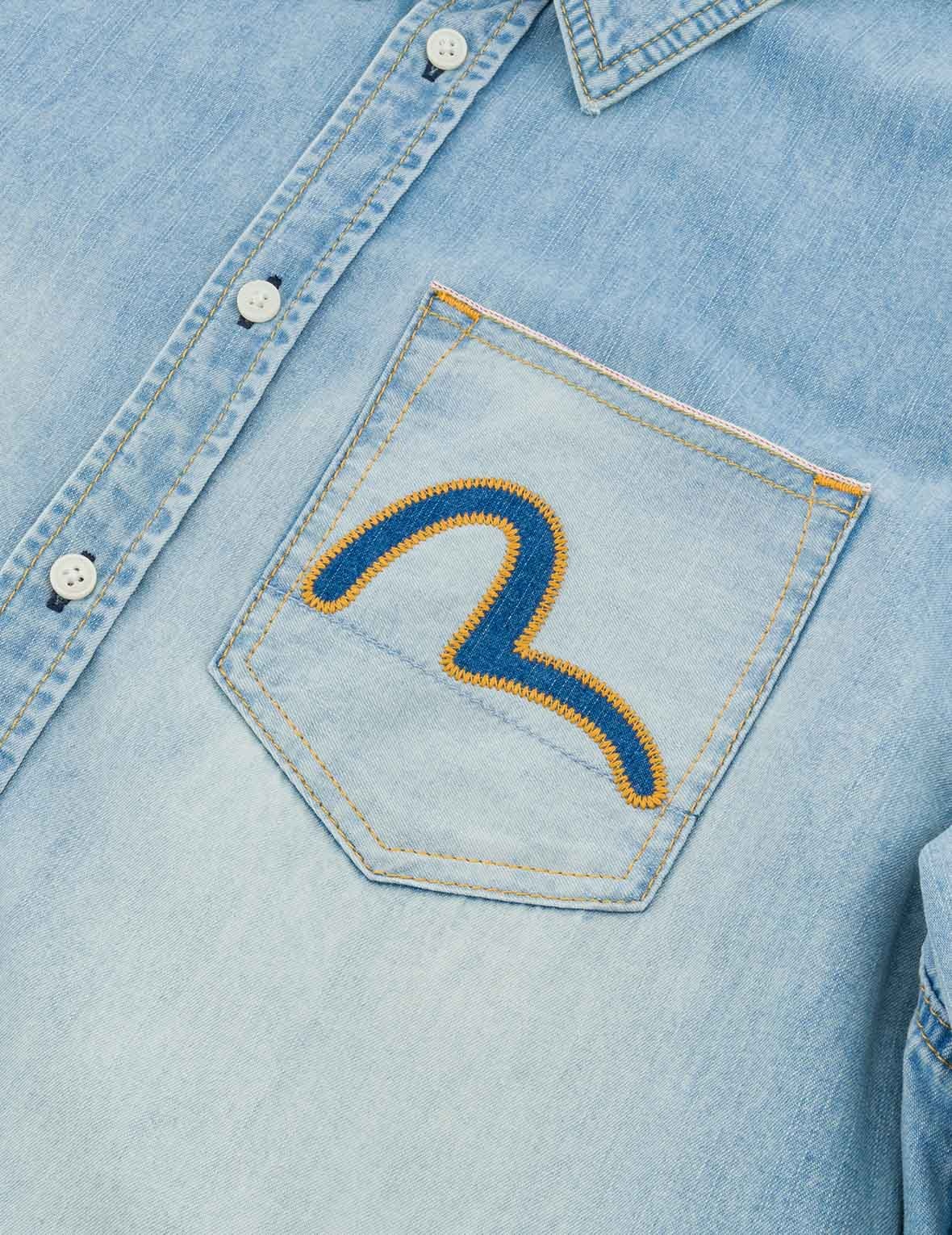 Inserted Seagull Embroidery Relax Fit Denim Shirt - 4