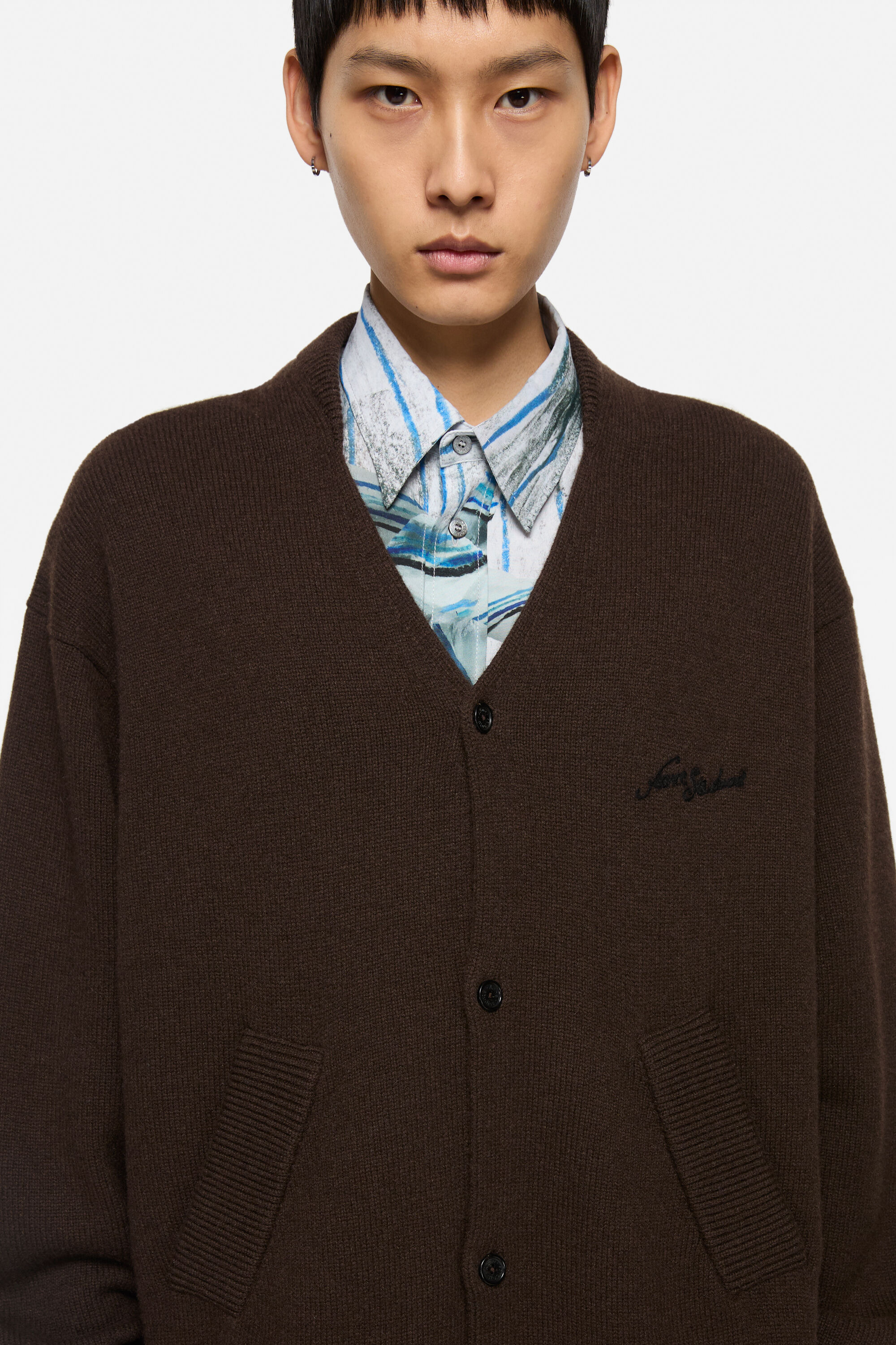 Wool V-Neck Cardigan - Dark brown - 4